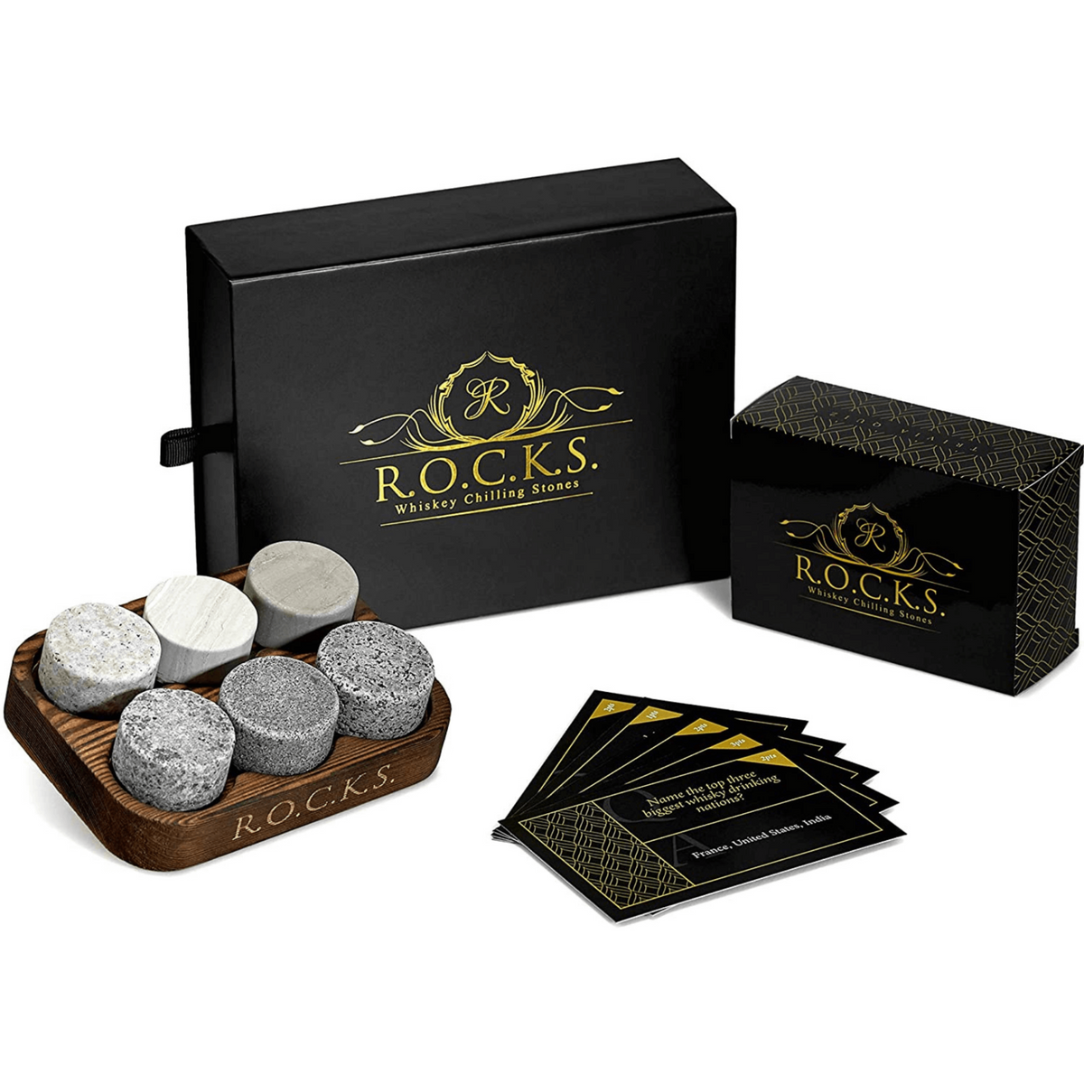 Whiskey Chilling Stones & Whiskey Quiz Gift Set - 100 Q&A.