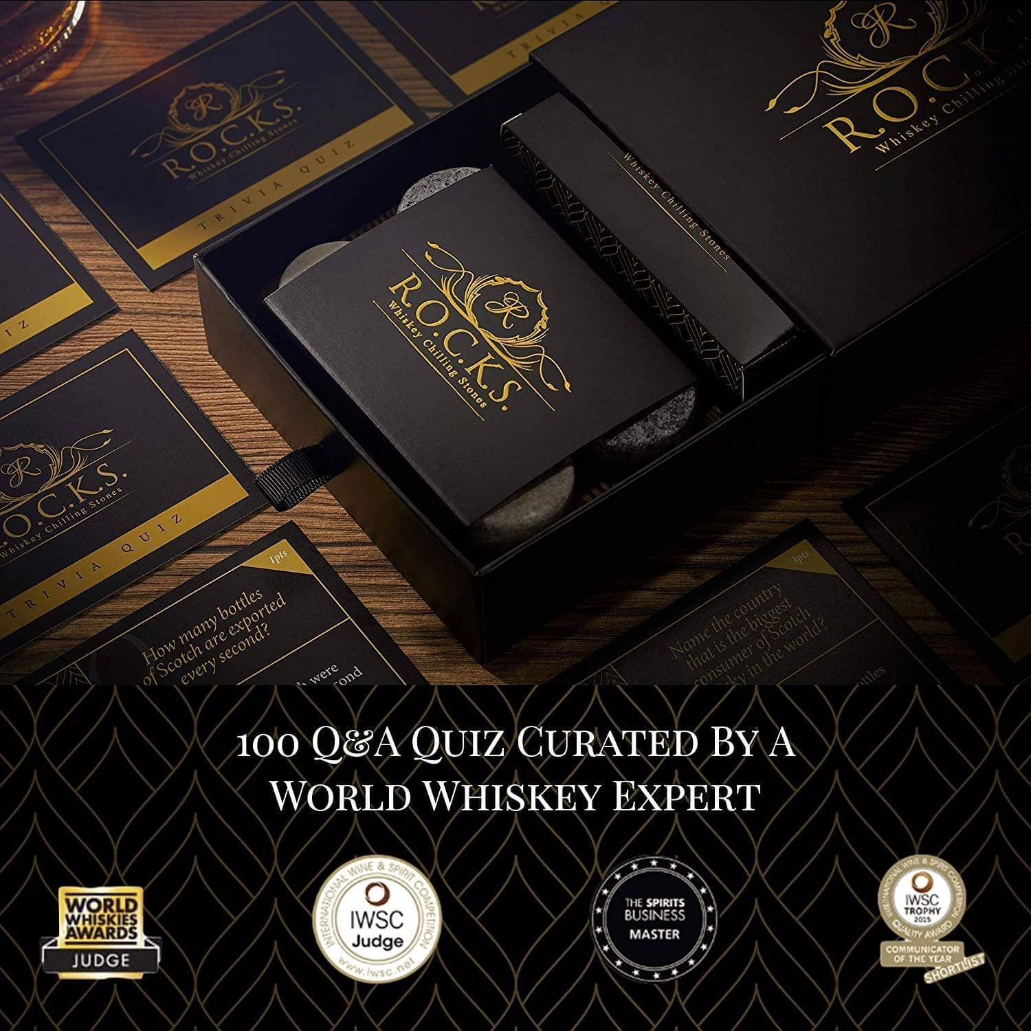 Whiskey Chilling Stones & Whiskey Quiz Gift Set - 100 Q&A.