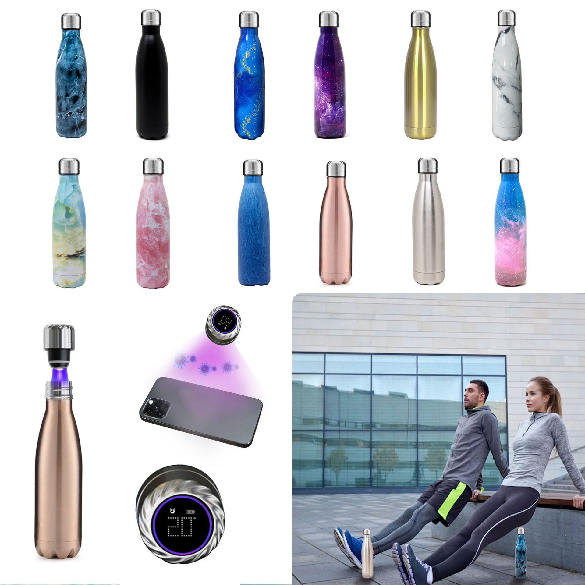 Aquaala UV Water Bottle With Temp Cap. smart sport, ultraviolet, and self-disinfecting water bottle