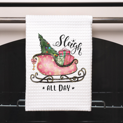 Funny Christmas Kitchen Gift Kitchen Towel, Sleigh All Day Waffle Weave Christmas Hand Towel, Kitchen or Bathroom Towel for New Home Gift