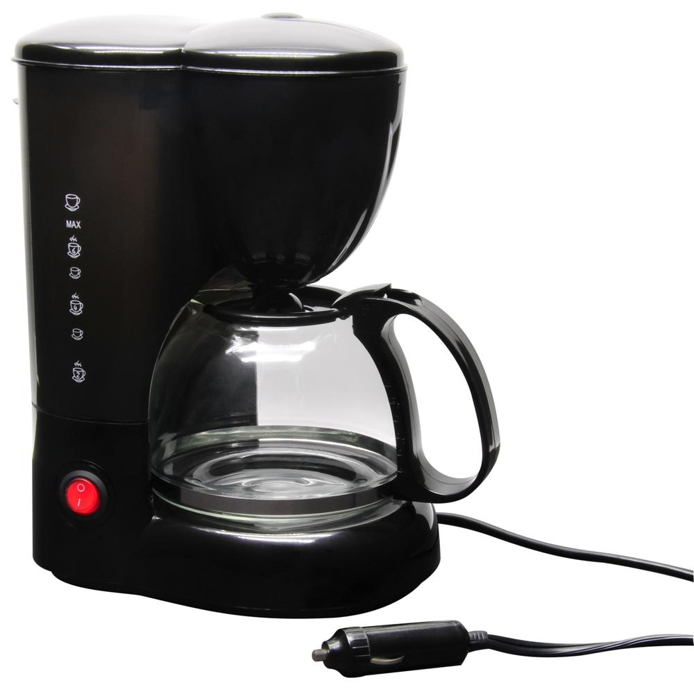 12V Coffee Maker with Glass Carafe Reusable Filter 20oz Capacity Black.