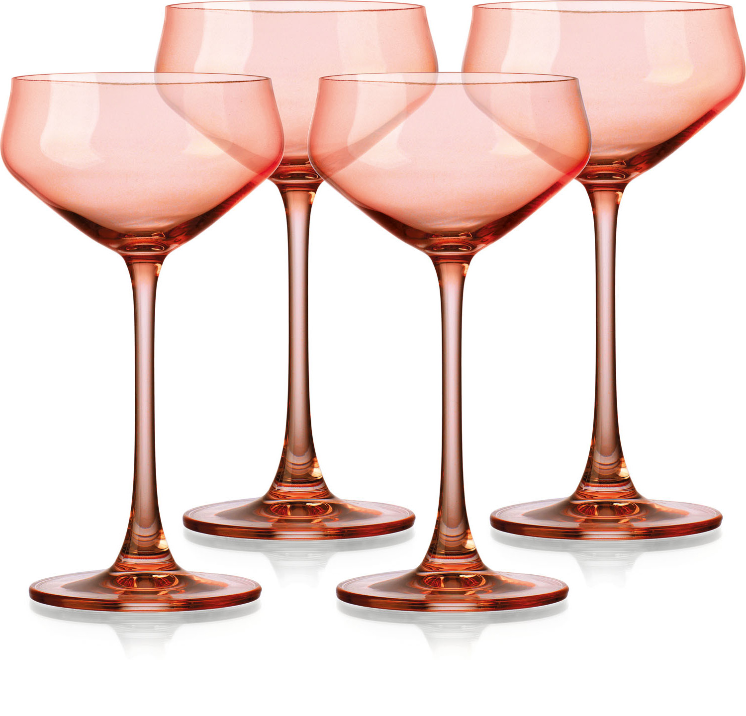 Set of Four Translucent Blush Coral Coupe Glasses.