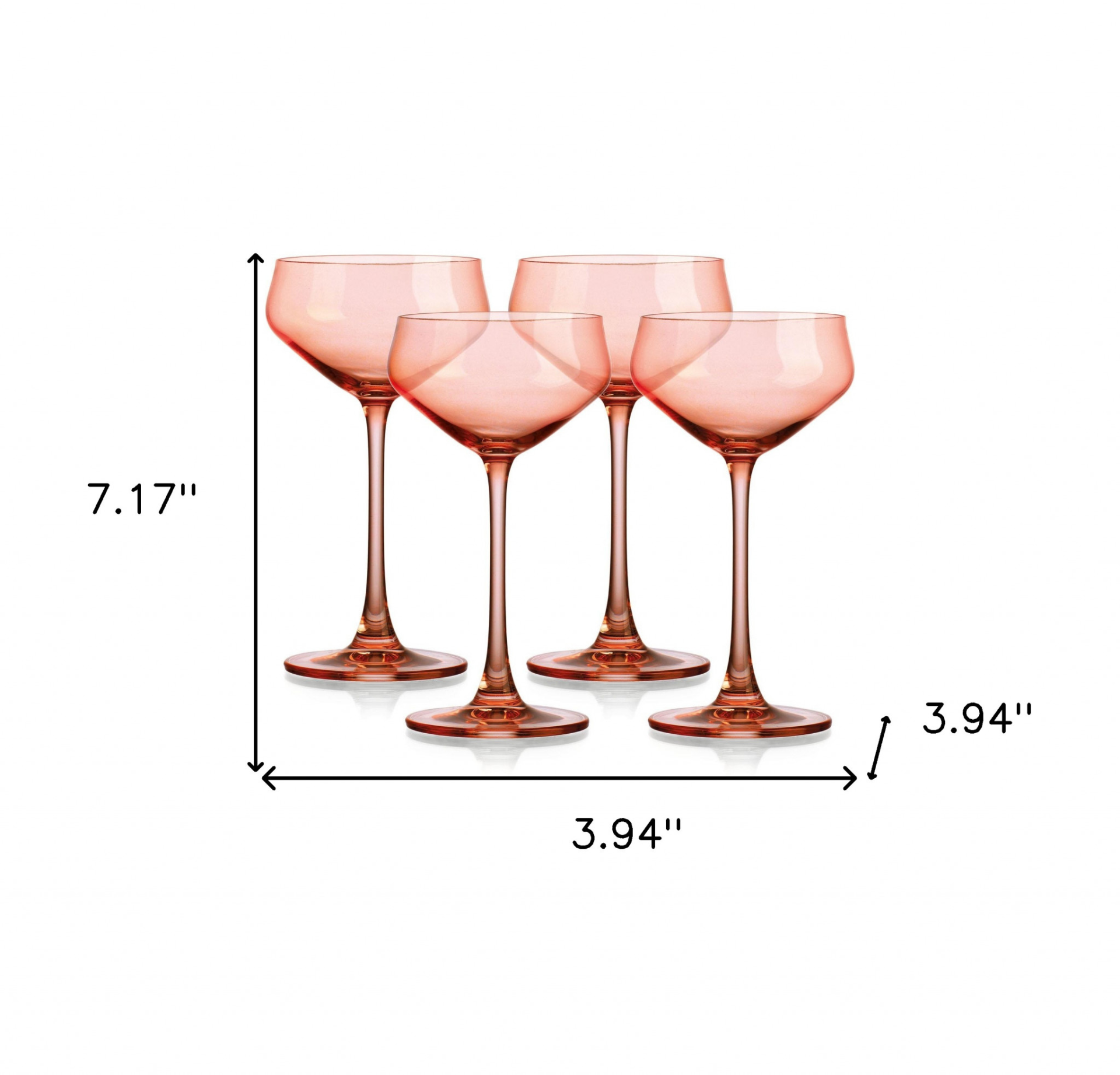 Set of Four Translucent Blush Coral Coupe Glasses.