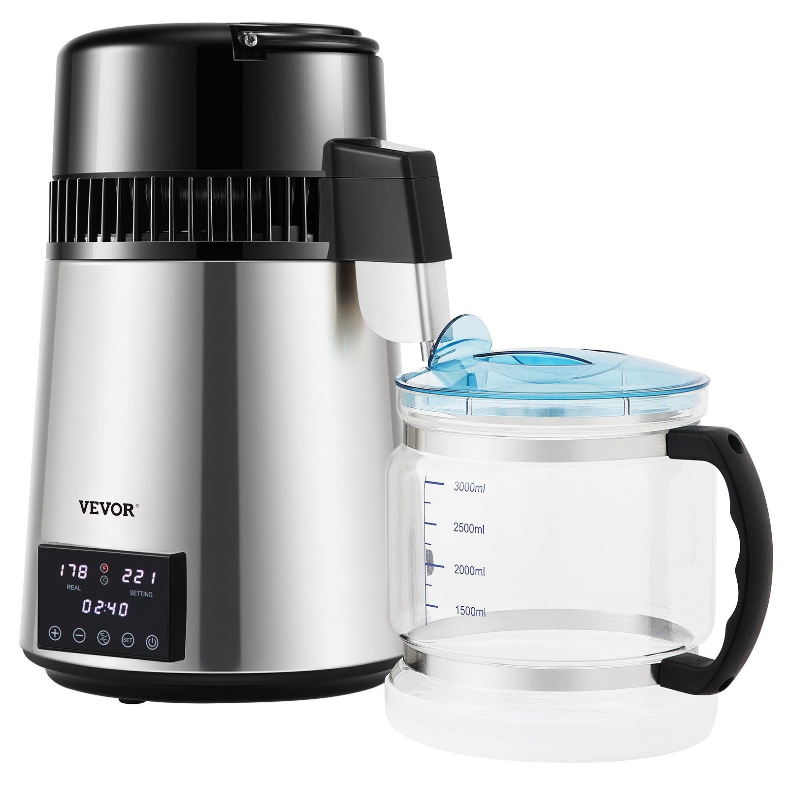 VEVOR 4L Water Distiller 1.5L/H Distilled Water Maker Timing Dual-Temp Silver