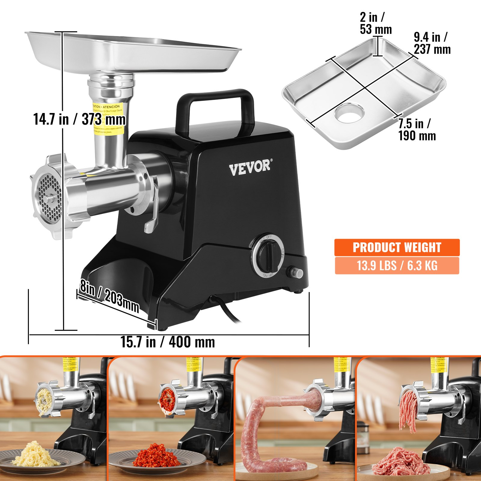 VEVOR Electric Meat Grinder, 419 Lb/H Capacity, 575W（1100W MAX) Industrial Meat Mincer w/ 2 Blade, 3 Grinding Plates, Sausage Maker Die-cast Aluminum Commercial Meat Grinder, ETL Listed