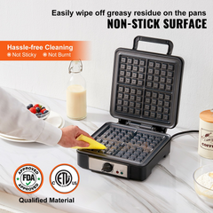 VEVOR Waffle Maker, 4 Slices per Batch, 1200W Square Waffle Iron, Non-Stick Waffle Baker Machine with 122-572℉ / 50-300℃ Temperature Range Teflon-Coated Baking Pans Stainless Steel Body, 120V