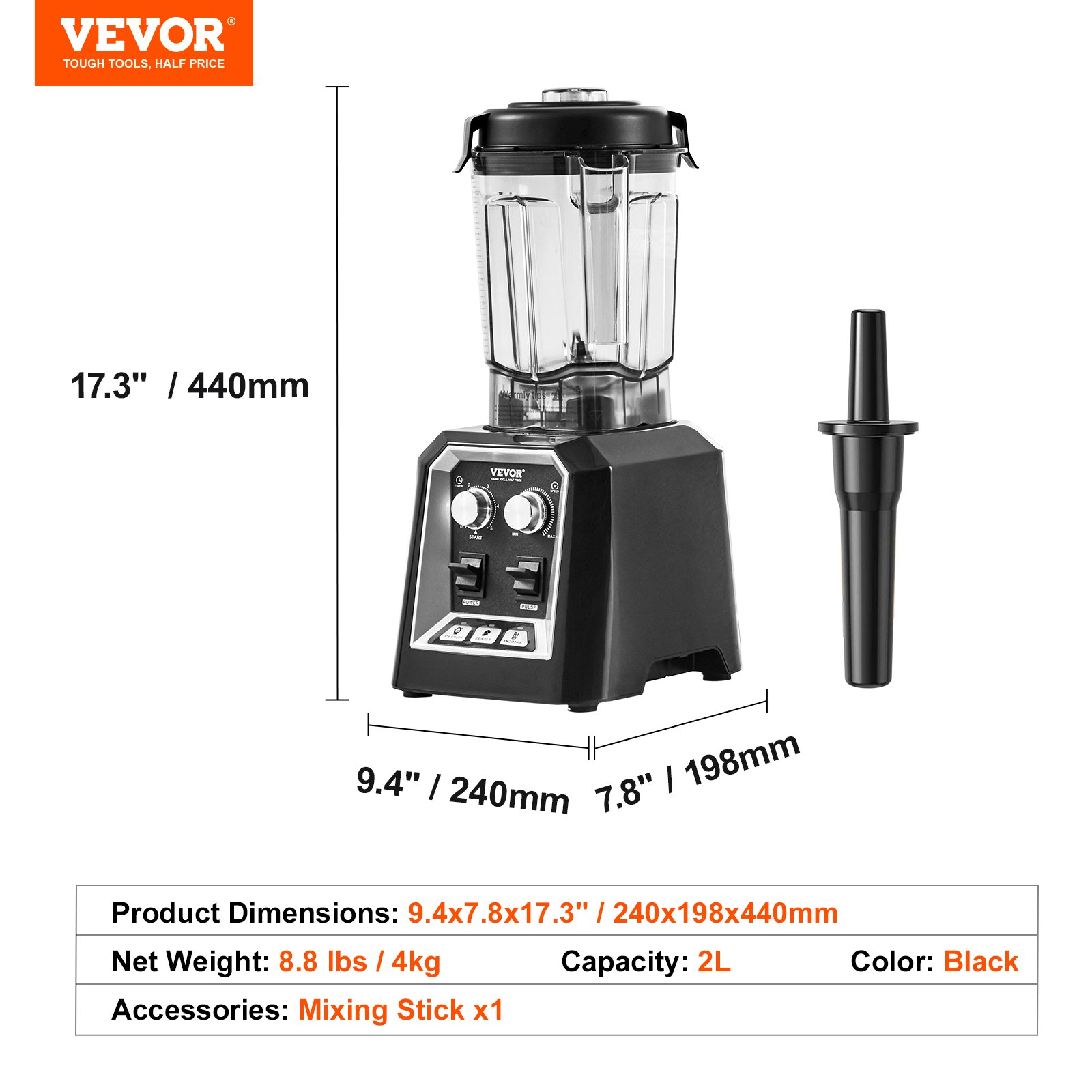 VEVOR Professional Blender, Commercial Countertop Blenders, 68 oz Jar Blender Combo, Stainless Steel 3 Functions Blender, for Frozen Drinks, Shakes, Smoothies, Peree, and Crush Ice, Black.