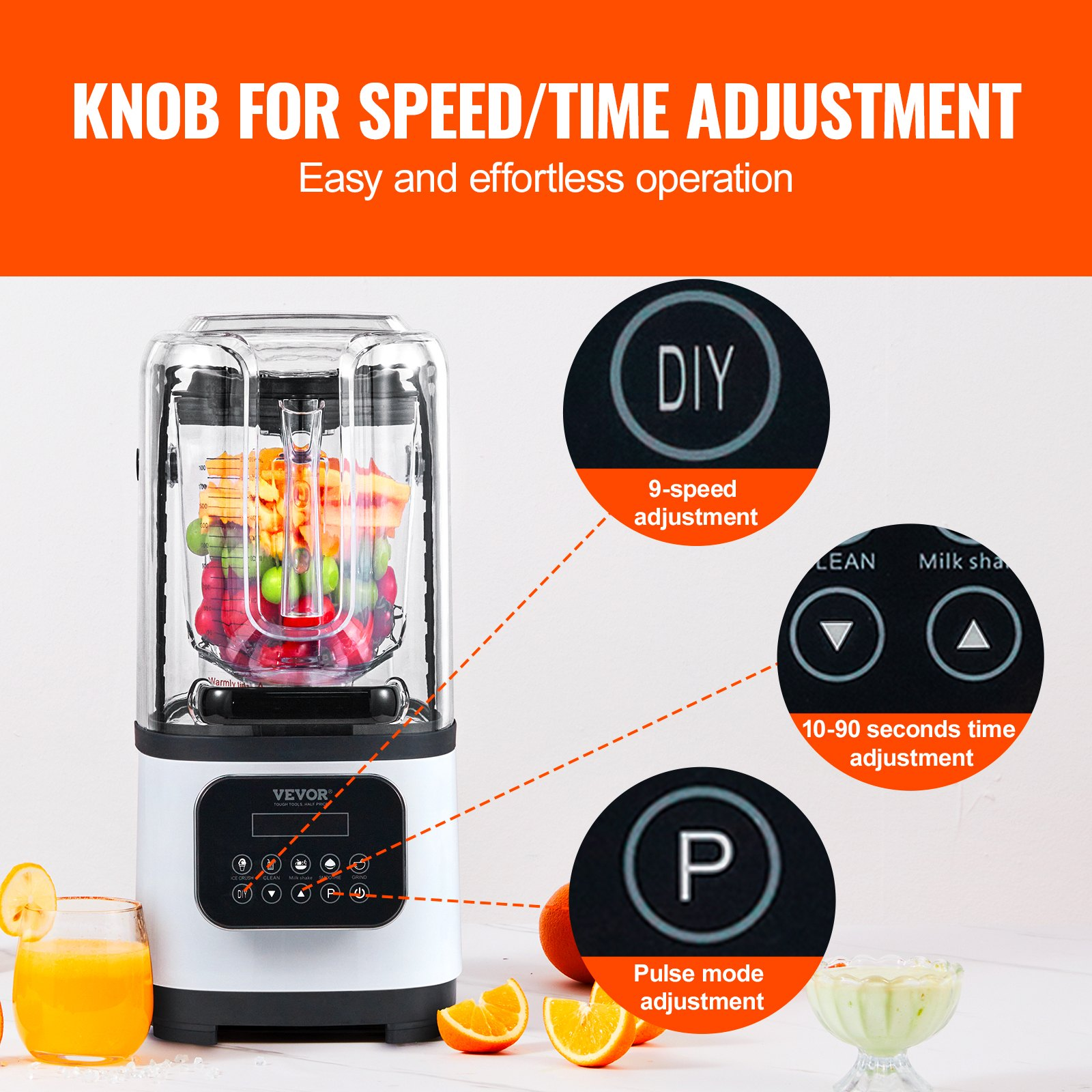 VEVOR Professional Blender with Shield, Commercial Countertop Blenders, 68 oz Jar Blender Combo, Stainless Steel 9 Speed & 5 Functions Blender, for Shakes, Smoothies, Peree, and Crush Ice, White.