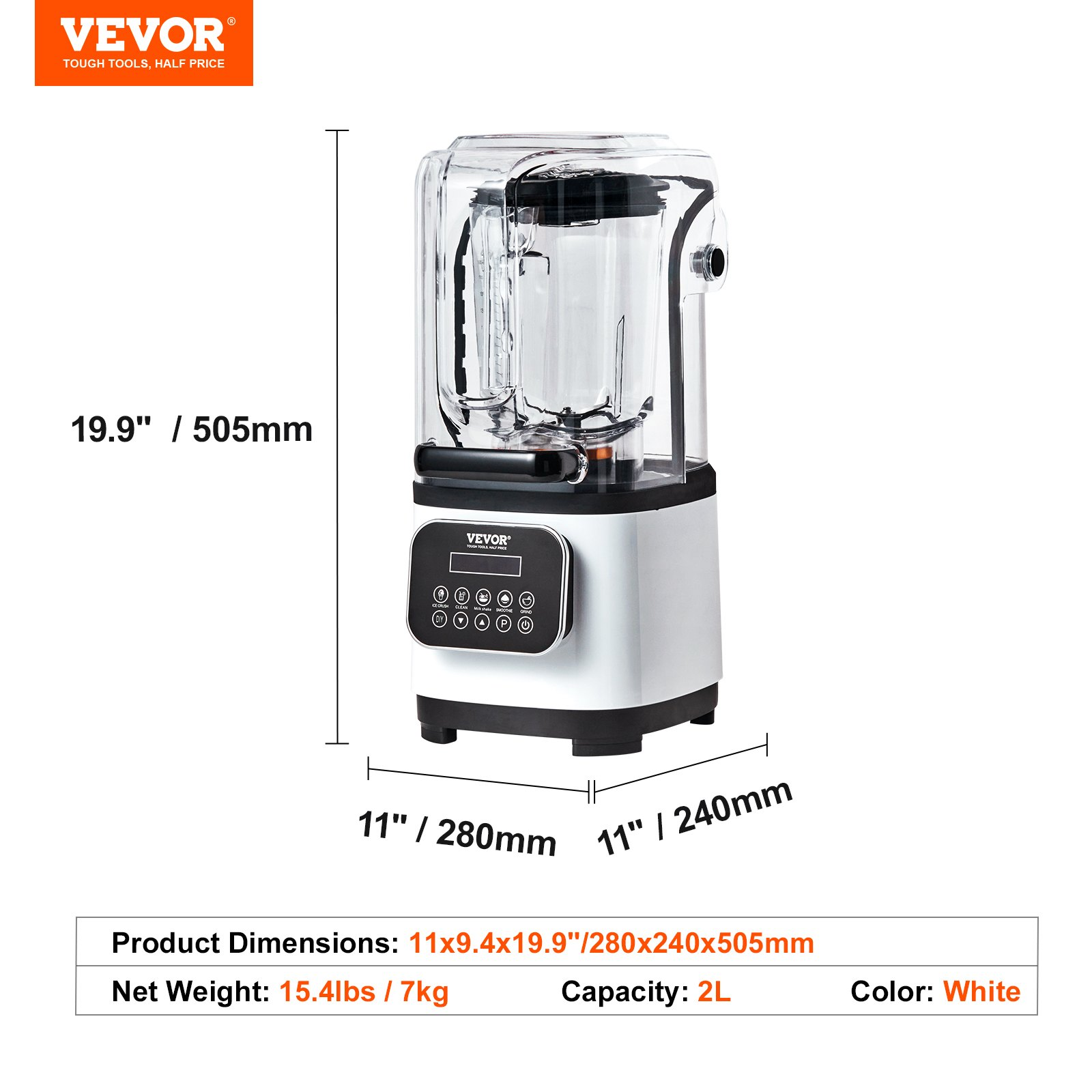 VEVOR Professional Blender with Shield, Commercial Countertop Blenders, 68 oz Jar Blender Combo, Stainless Steel 9 Speed & 5 Functions Blender, for Shakes, Smoothies, Peree, and Crush Ice, White.