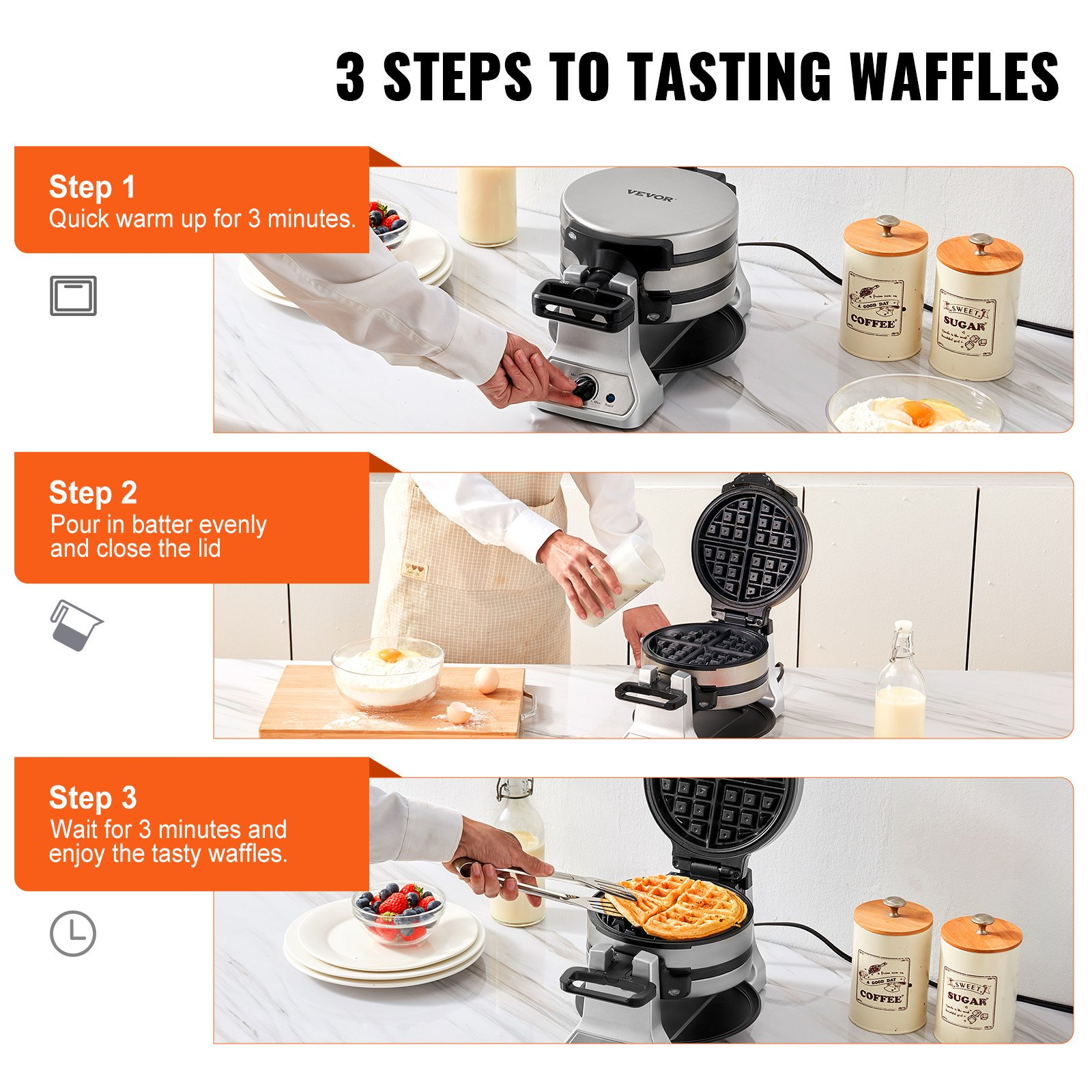 VEVOR 2-Layer Waffle Maker, 2 Pieces per Batch, 1400W Round Waffle Iron, Non-Stick Waffle Baker Machine with 122-572℉ / 50-300℃ Temp Range Teflon-Coated Baking Pans Stainless Steel Body, 120V