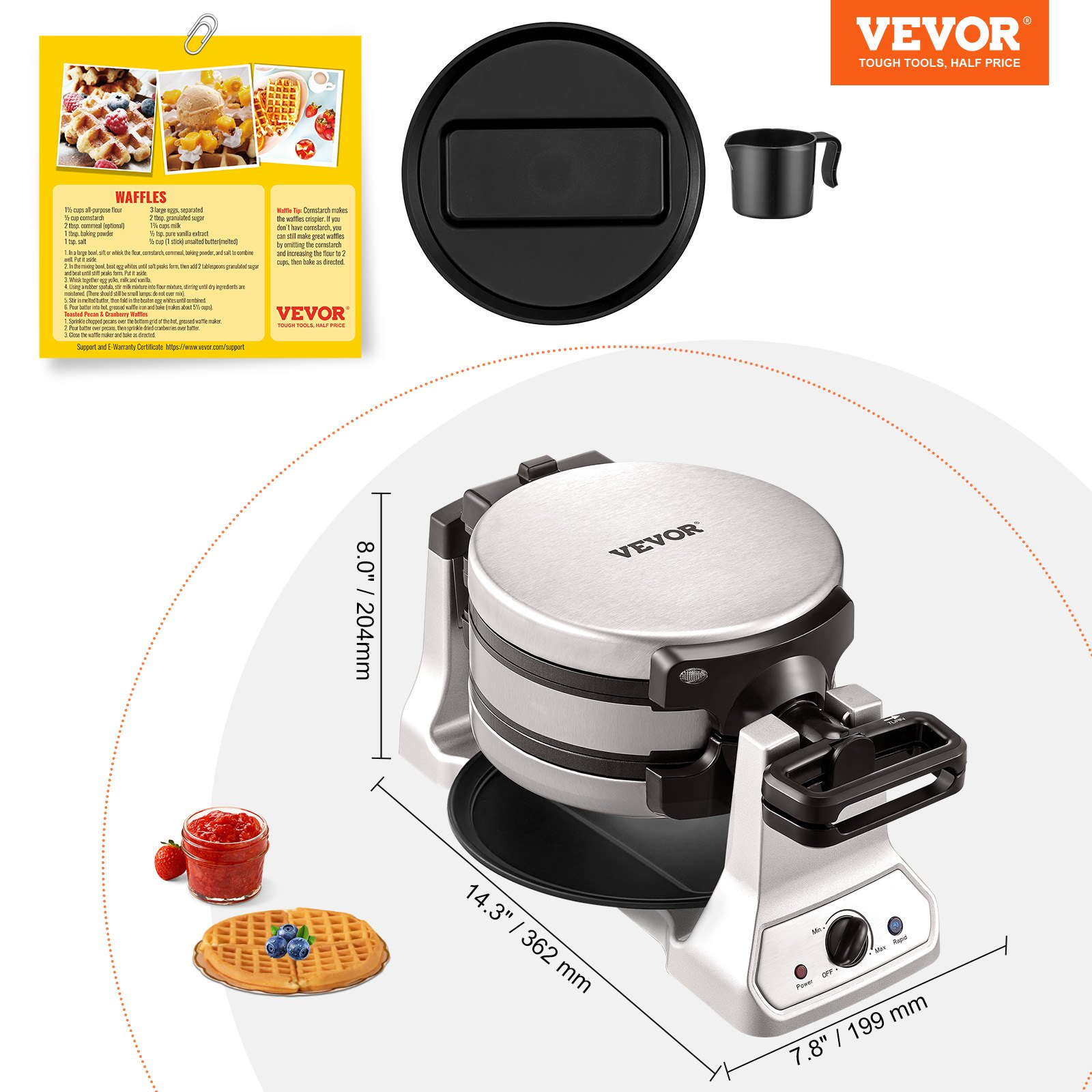 VEVOR 2-Layer Waffle Maker, 2 Pieces per Batch, 1400W Round Waffle Iron, Non-Stick Waffle Baker Machine with 122-572℉ / 50-300℃ Temp Range Teflon-Coated Baking Pans Stainless Steel Body, 120V