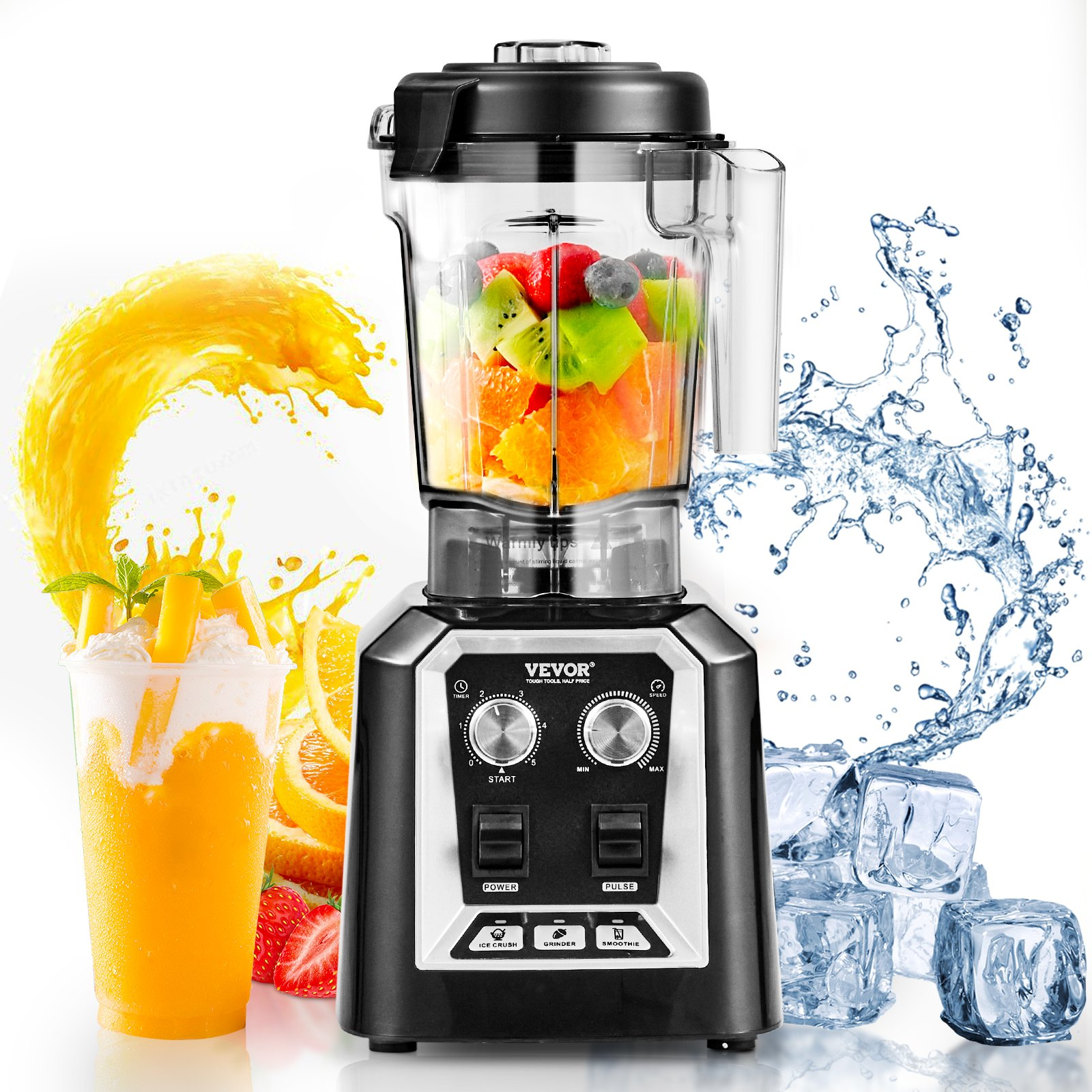 VEVOR Professional Blender, Commercial Countertop Blenders, 68 oz Jar Blender Combo, Stainless Steel 3 Functions Blender, for Frozen Drinks, Shakes, Smoothies, Peree, and Crush Ice, Black.