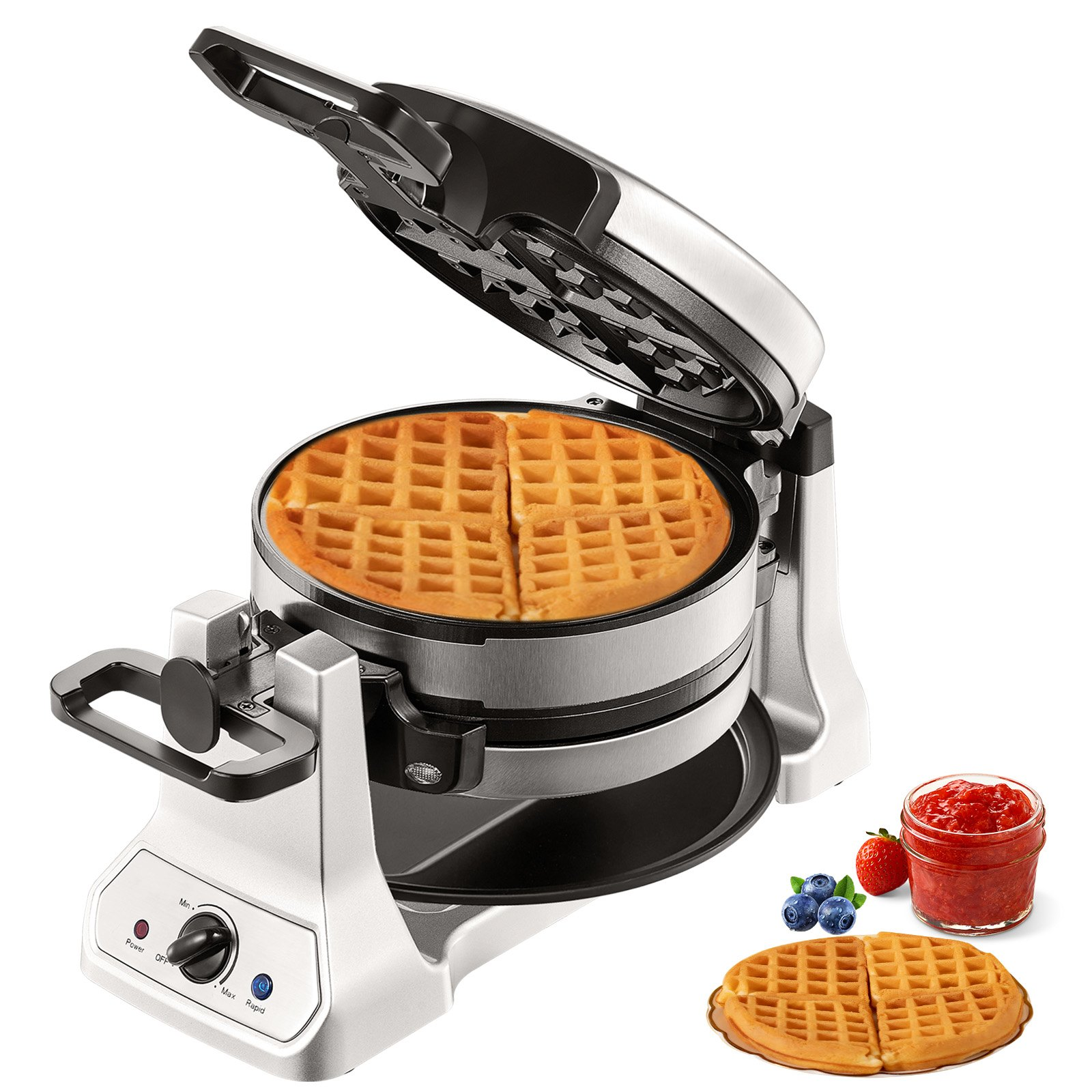 VEVOR 2-Layer Waffle Maker, 2 Pieces per Batch, 1400W Round Waffle Iron, Non-Stick Waffle Baker Machine with 122-572℉ / 50-300℃ Temp Range Teflon-Coated Baking Pans Stainless Steel Body, 120V