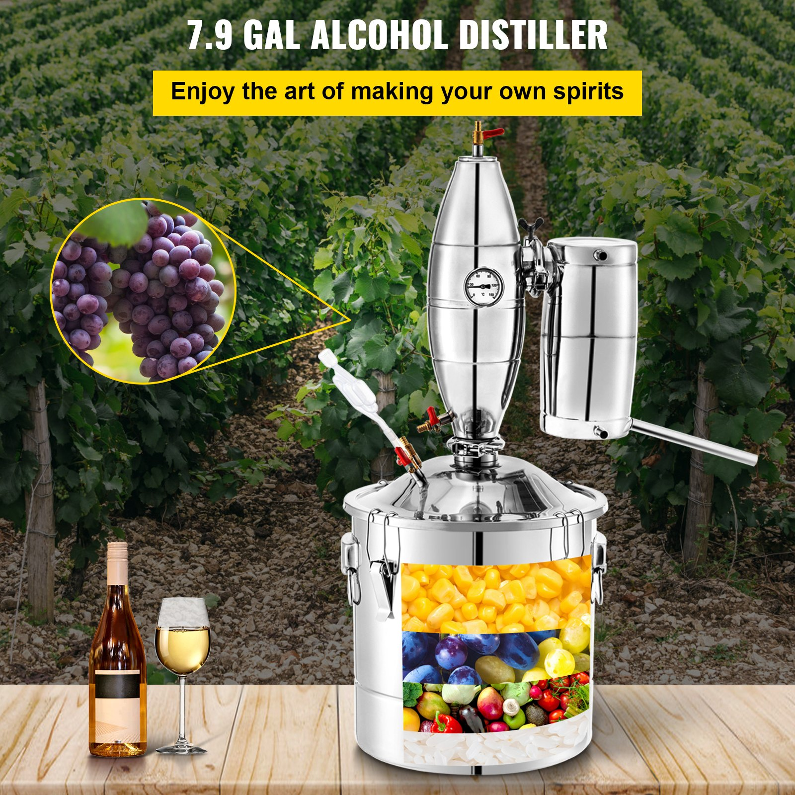 VEVOR 30L 7.9Gal Water Alcohol Distiller 304 Stainless Steel Alcohol Distiller Home Kit Moonshine Wine Making Boiler with Thermometer (30L Distiller)