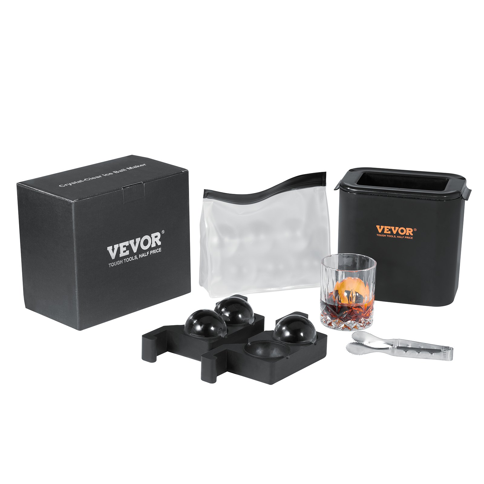 VEVOR Ice Ball Maker, Crystal Clear Ice Ball Maker 2.36inch Ice Sphere Maker with Storage Bag and Ice Clamp, Round Clear Ice Cube 2-Cavity Ice Press Maker for Whiskey Scotch Cocktail Brandy