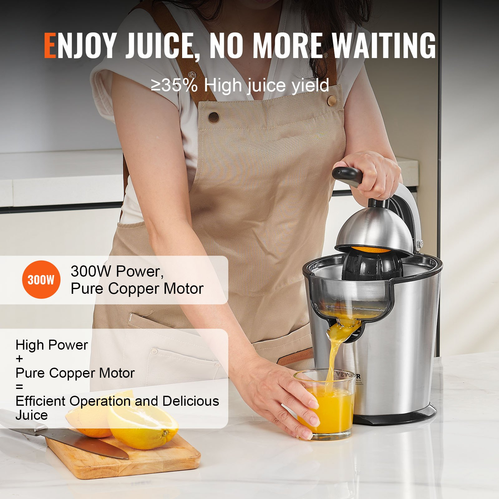 VEVOR Electric Citrus Juicer, Orange Juice Squeezer with Two Size Juicing Cones, 300W Stainless Steel Orange Juice Maker with Soft Grip Handle, For Oranges, Grapefruits, Lemons and Other Citrus Fruits