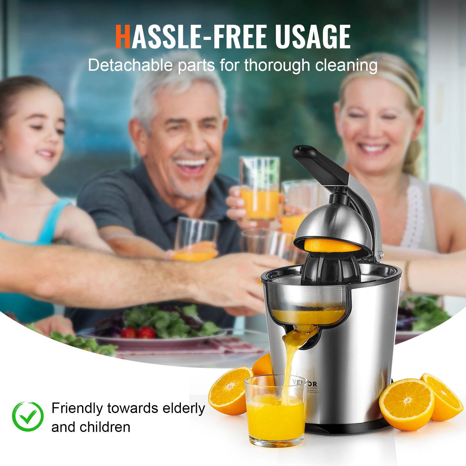 VEVOR Electric Citrus Juicer, Orange Juice Squeezer with Two Size Juicing Cones, 300W Stainless Steel Orange Juice Maker with Soft Grip Handle, For Oranges, Grapefruits, Lemons and Other Citrus Fruits