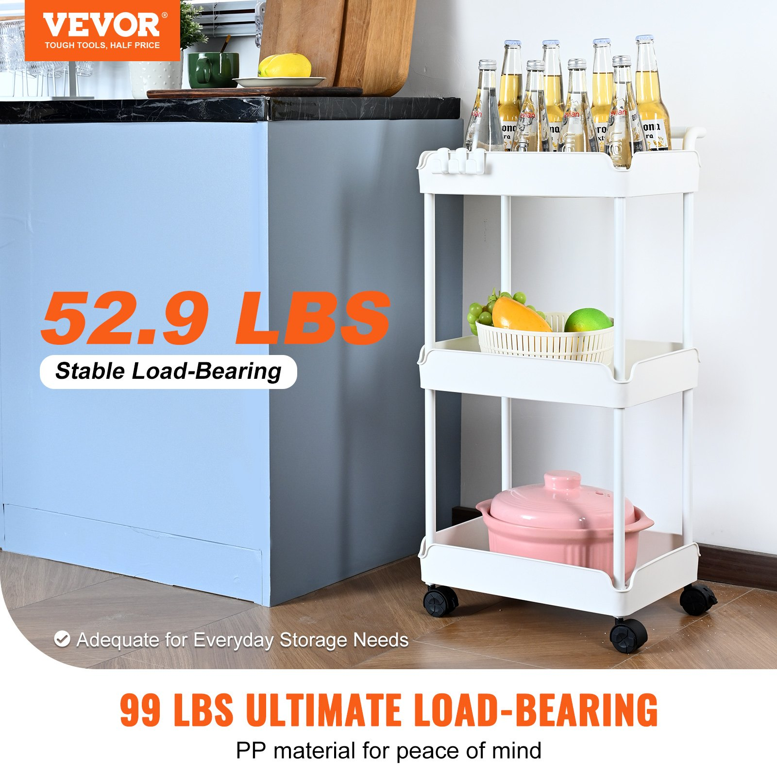 VEVOR 3-Tier Rolling Utility Cart, Kitchen Cart with Lockable Wheels, Multi-Functional Storage Trolley with Handle for Office, Living Room, Kitchen, Movable Storage Basket Organizer Shelves, White