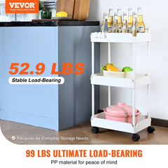 VEVOR 3-Tier Rolling Utility Cart, Kitchen Cart with Lockable Wheels, Multi-Functional Storage Trolley with Handle for Office, Living Room, Kitchen, Movable Storage Basket Organizer Shelves, White