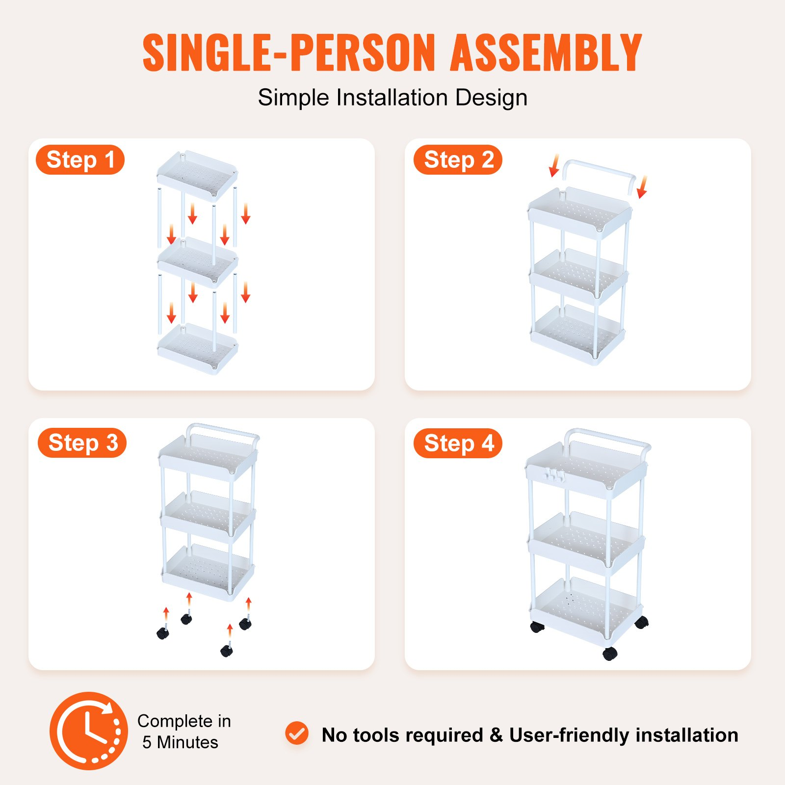 VEVOR 3-Tier Rolling Utility Cart, Kitchen Cart with Lockable Wheels, Multi-Functional Storage Trolley with Handle for Office, Living Room, Kitchen, Movable Storage Basket Organizer Shelves, White