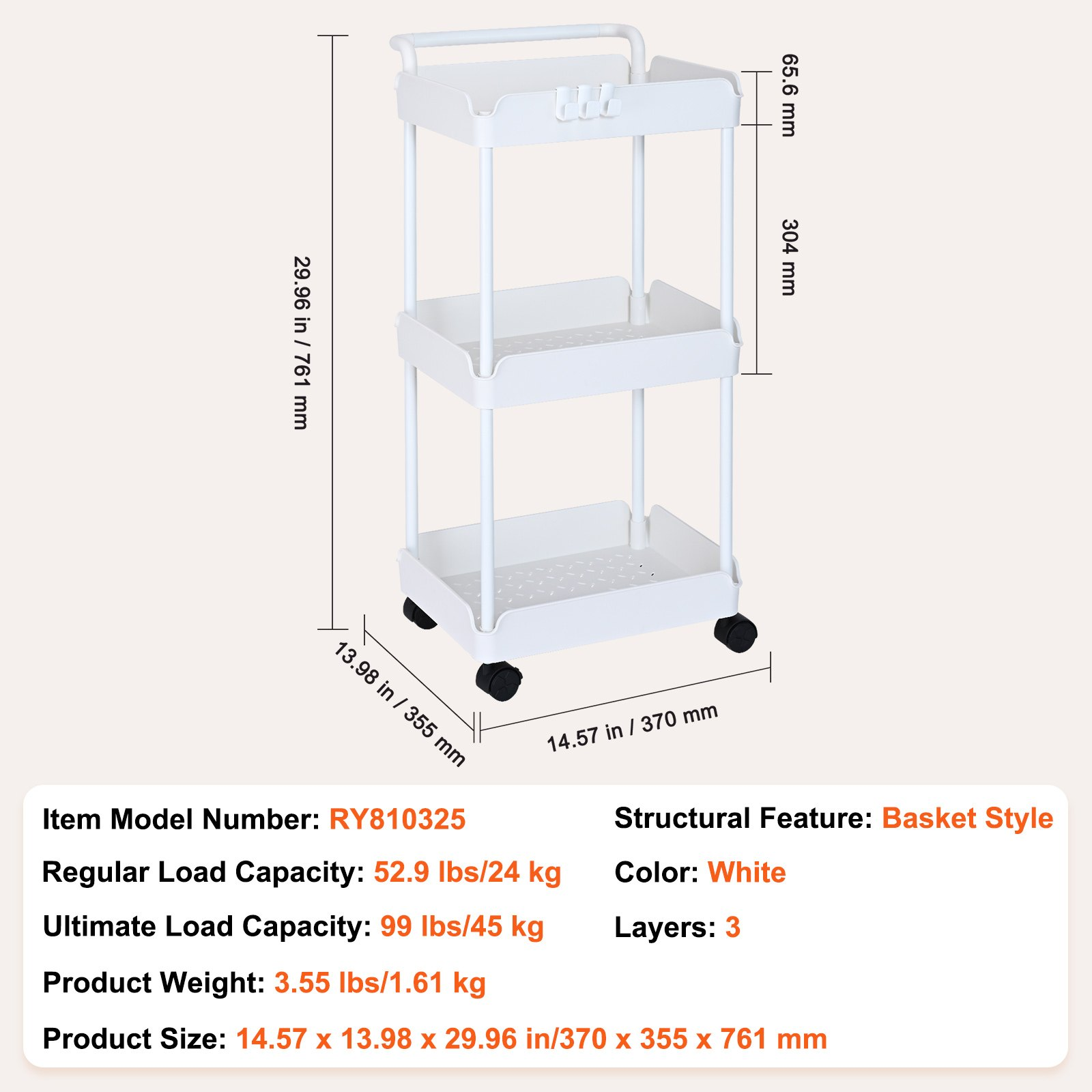 VEVOR 3-Tier Rolling Utility Cart, Kitchen Cart with Lockable Wheels, Multi-Functional Storage Trolley with Handle for Office, Living Room, Kitchen, Movable Storage Basket Organizer Shelves, White