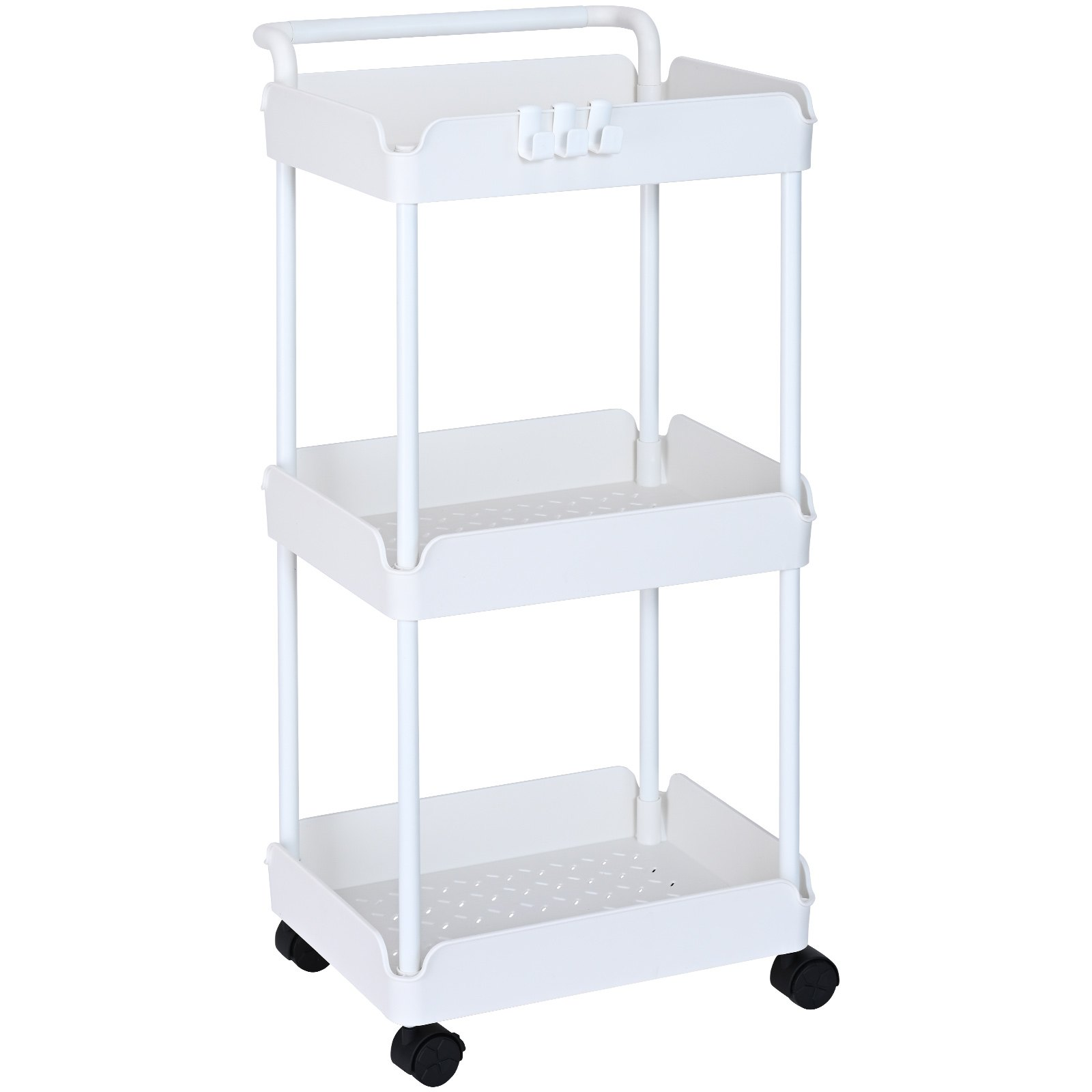 VEVOR 3-Tier Rolling Utility Cart, Kitchen Cart with Lockable Wheels, Multi-Functional Storage Trolley with Handle for Office, Living Room, Kitchen, Movable Storage Basket Organizer Shelves, White