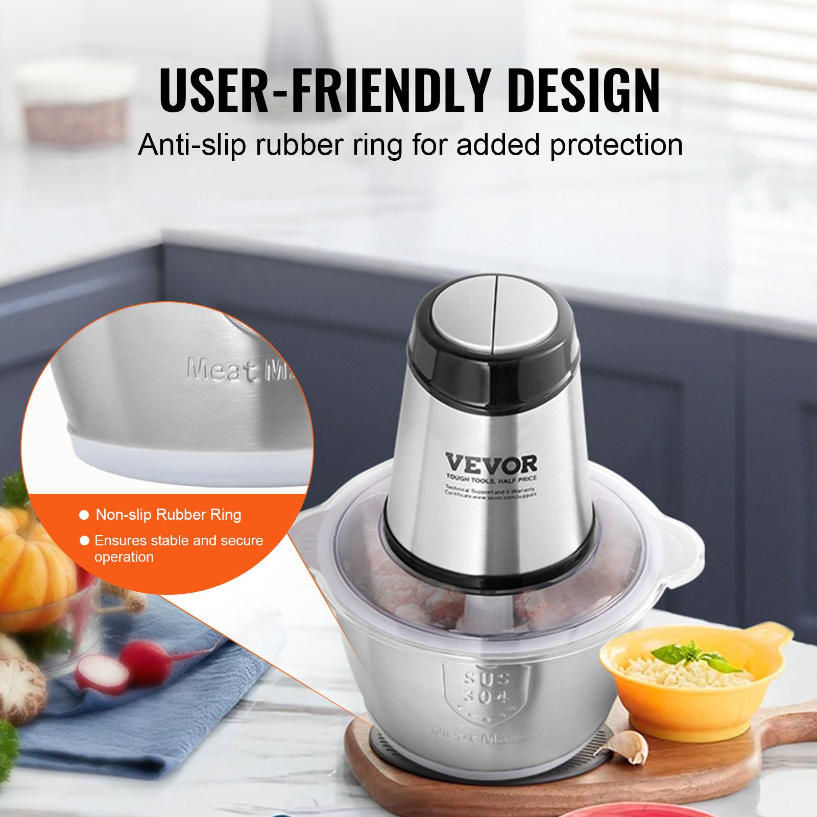 VEVOR Food Processor, Electric Meat Grinder with 4-Wing Stainless Steel Blades, 400W Electric Food Chopper, 8 Cup Stainless Steel Bowl, 2 Speeds Food Grinder for Baby Food, Meat, Onion, Vegetables