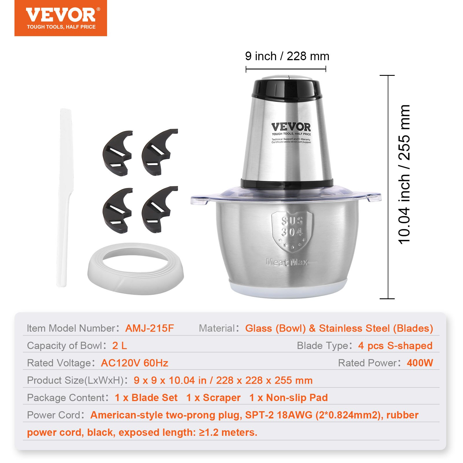 VEVOR Food Processor, Electric Meat Grinder with 4-Wing Stainless Steel Blades, 400W Electric Food Chopper, 8 Cup Stainless Steel Bowl, 2 Speeds Food Grinder for Baby Food, Meat, Onion, Vegetables