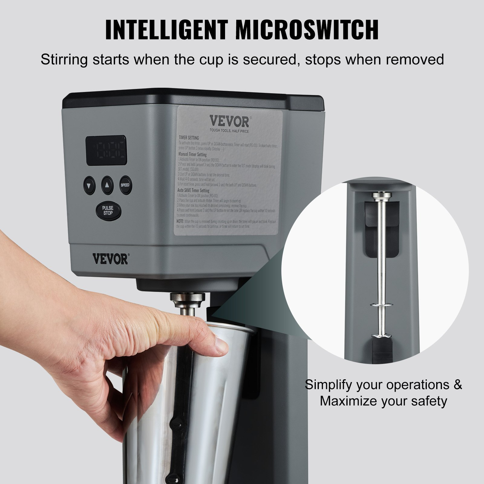 VEVOR Milkshake Maker, 375W Electric Milkshake Machine, Single Head Drink Mixer Blender Machine, LED Intelligent Microswitch, 3-Speed Milkshake Mixer with 820 ml Stainless Steel Cup