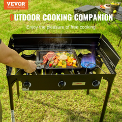 VEVOR Triple Burner Outdoor Camping Stove, 90,000-BTU Camping Modular Cooking Stove, Heavy Duty Carbon Steel Gas Cooker with Detachable Legs Stand &amp; PSI Regulator, for BBQ Home Camp Patio RV Cooking Multi-functional Gas Stove