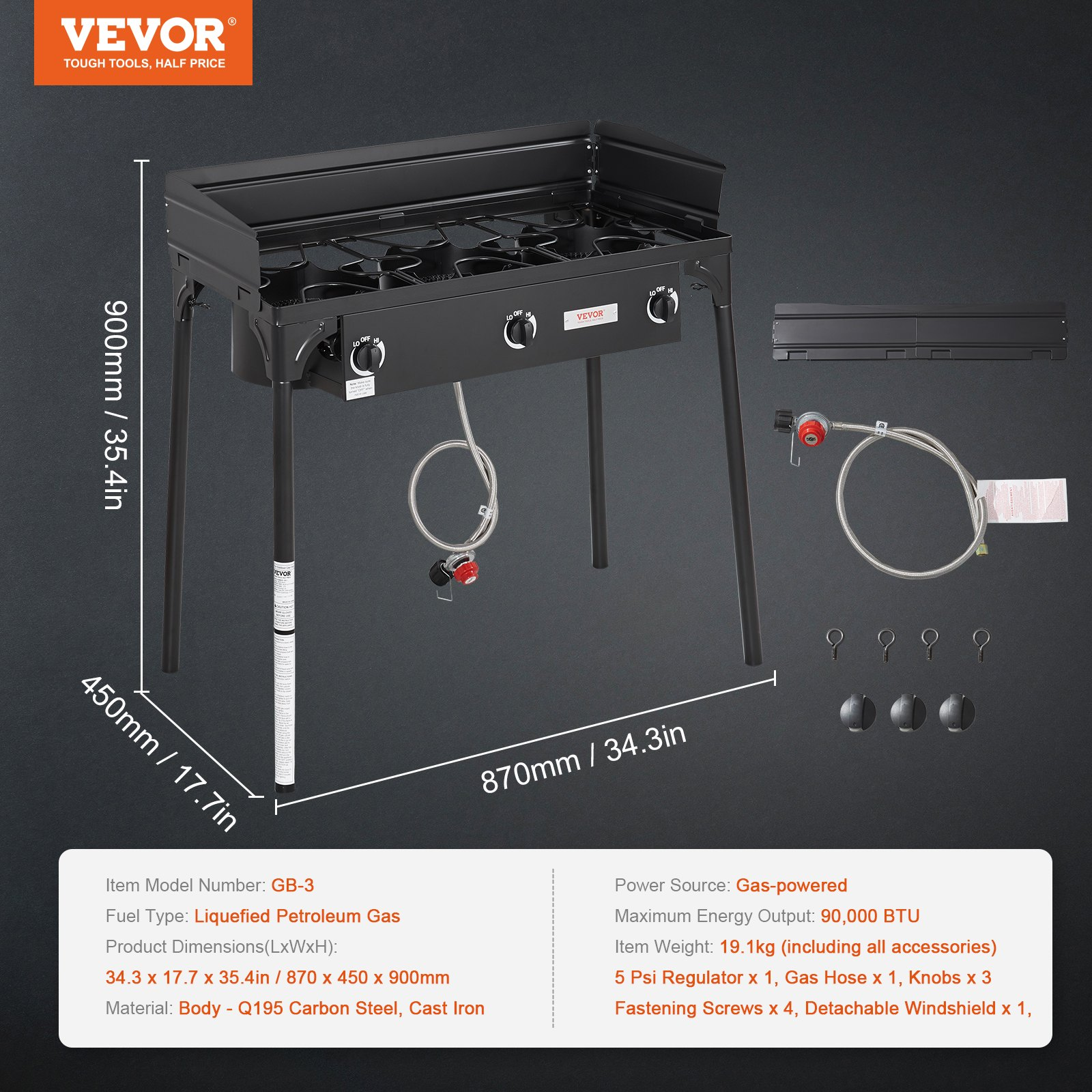 VEVOR Triple Burner Outdoor Camping Stove, 90,000-BTU Camping Modular Cooking Stove, Heavy Duty Carbon Steel Gas Cooker with Detachable Legs Stand &amp; PSI Regulator, for BBQ Home Camp Patio RV Cooking Multi-functional Gas Stove