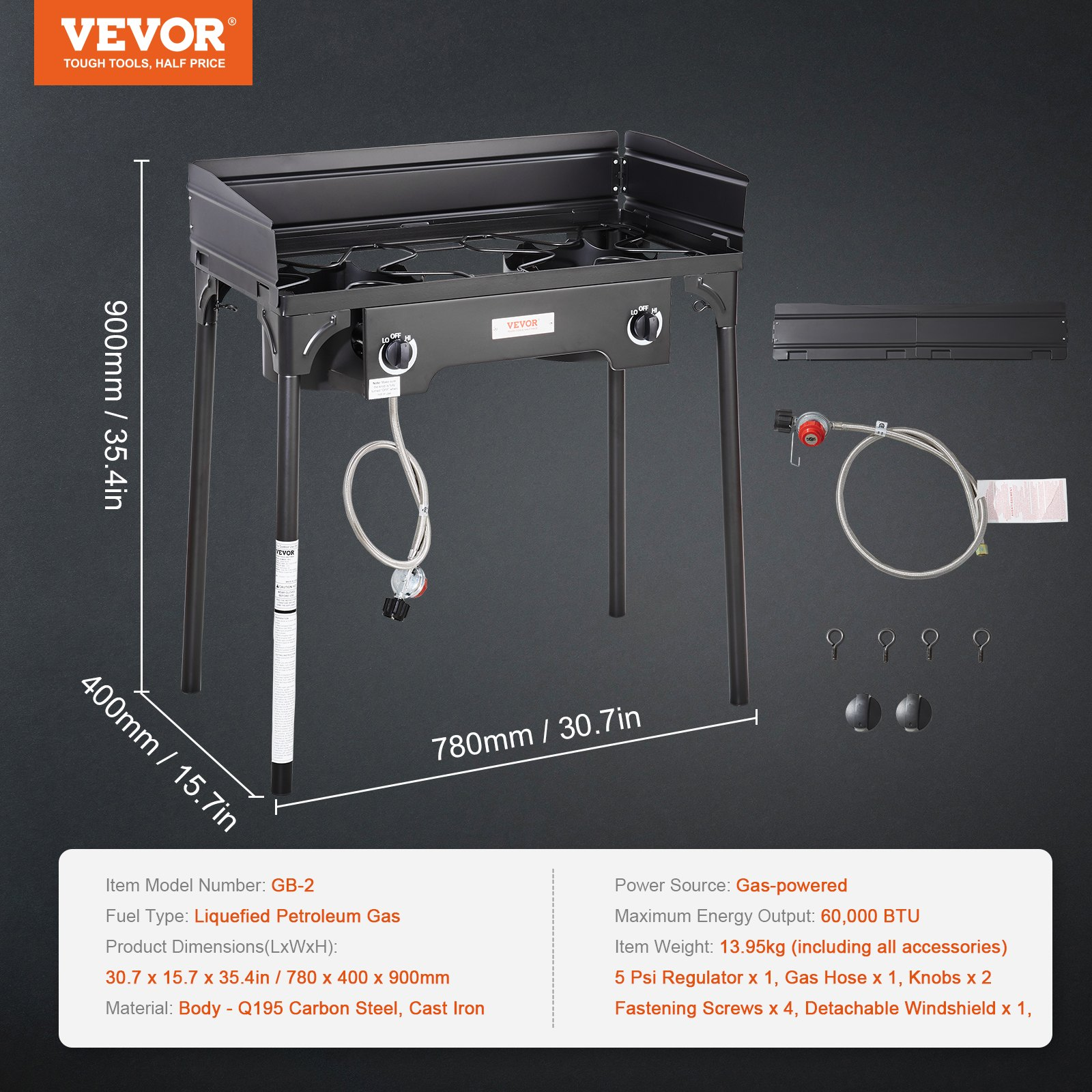 VEVOR Double Burner Outdoor Camping Stove, 60,000-BTU Camping Modular Cooking Stove, Heavy Duty Carbon Steel Gas Cooker with Windscreen & Detachable Legs Stand & PSI Regulator, for BBQ Camp Patio RV