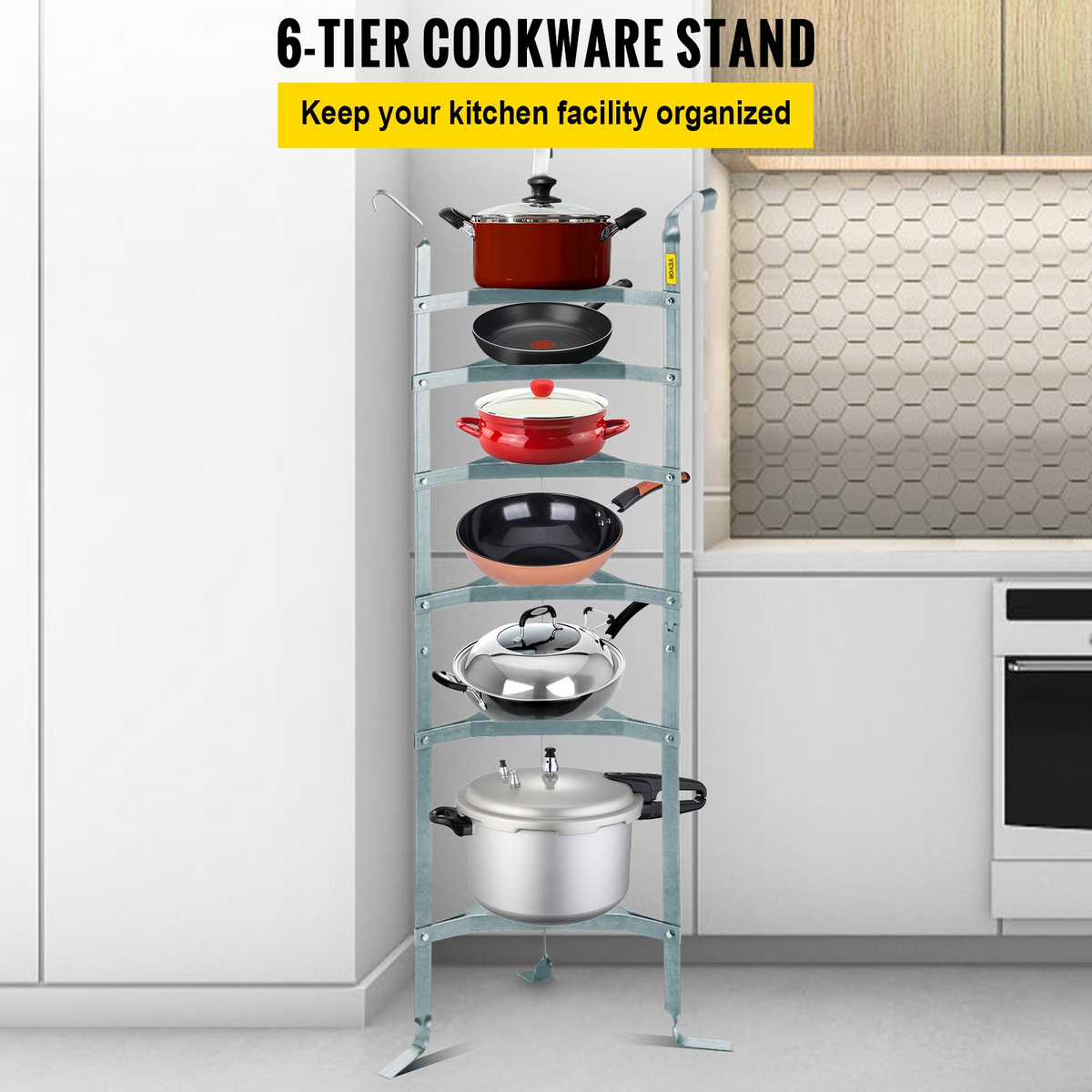 VEVOR 6-Tier Cookware Stand, Carbon Steel Multi-Layer Pot Rack, 61-inch Cookware Shelf, Satin Nickel Cookware Storage Tower, Unassembled Kitchen Corner Shelf Rack for Pans, Pots, and Baskets Storage