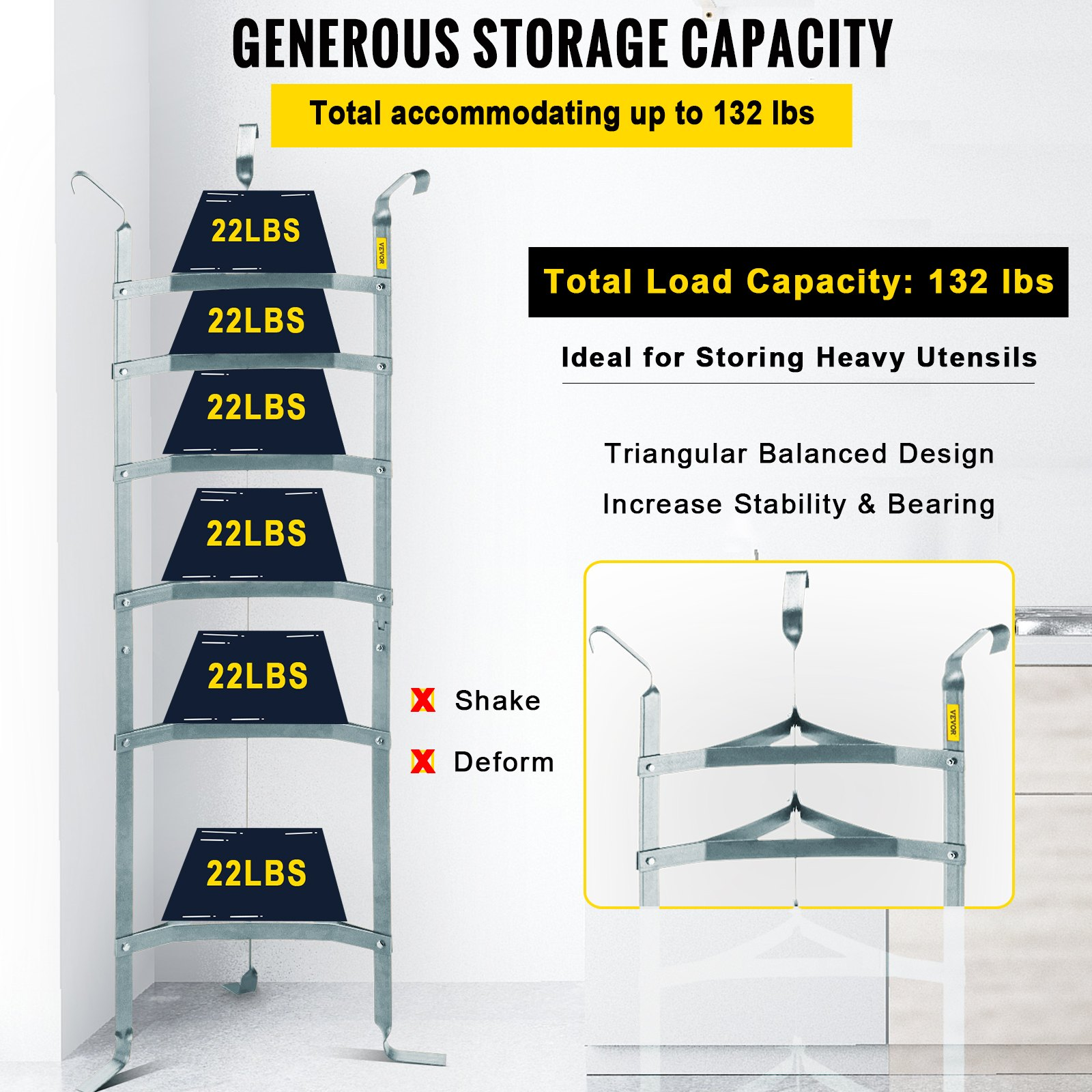 VEVOR 6-Tier Cookware Stand, Carbon Steel Multi-Layer Pot Rack, 61-inch Cookware Shelf, Satin Nickel Cookware Storage Tower, Unassembled Kitchen Corner Shelf Rack for Pans, Pots, and Baskets Storage