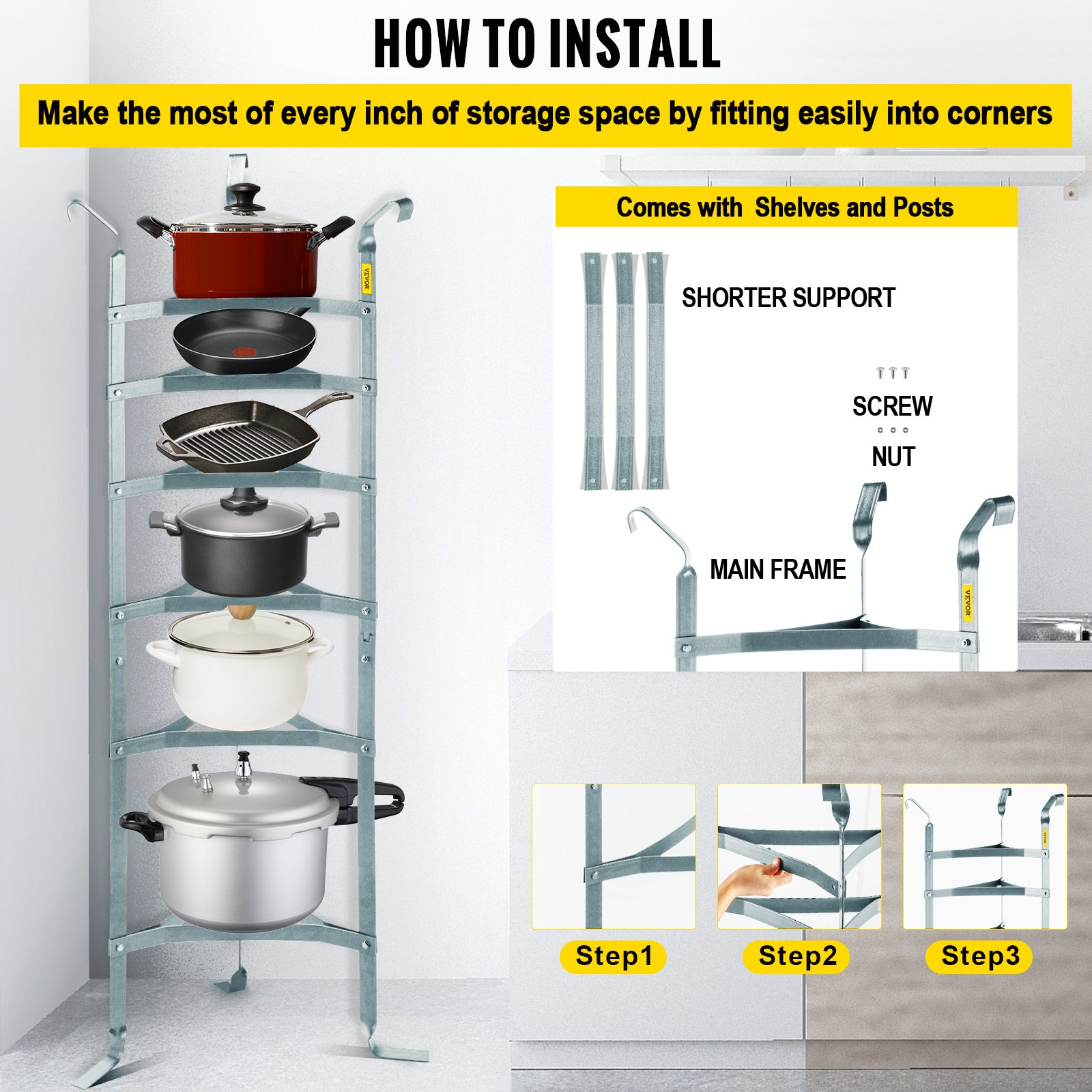 VEVOR 6-Tier Cookware Stand, Carbon Steel Multi-Layer Pot Rack, 61-inch Cookware Shelf, Satin Nickel Cookware Storage Tower, Unassembled Kitchen Corner Shelf Rack for Pans, Pots, and Baskets Storage