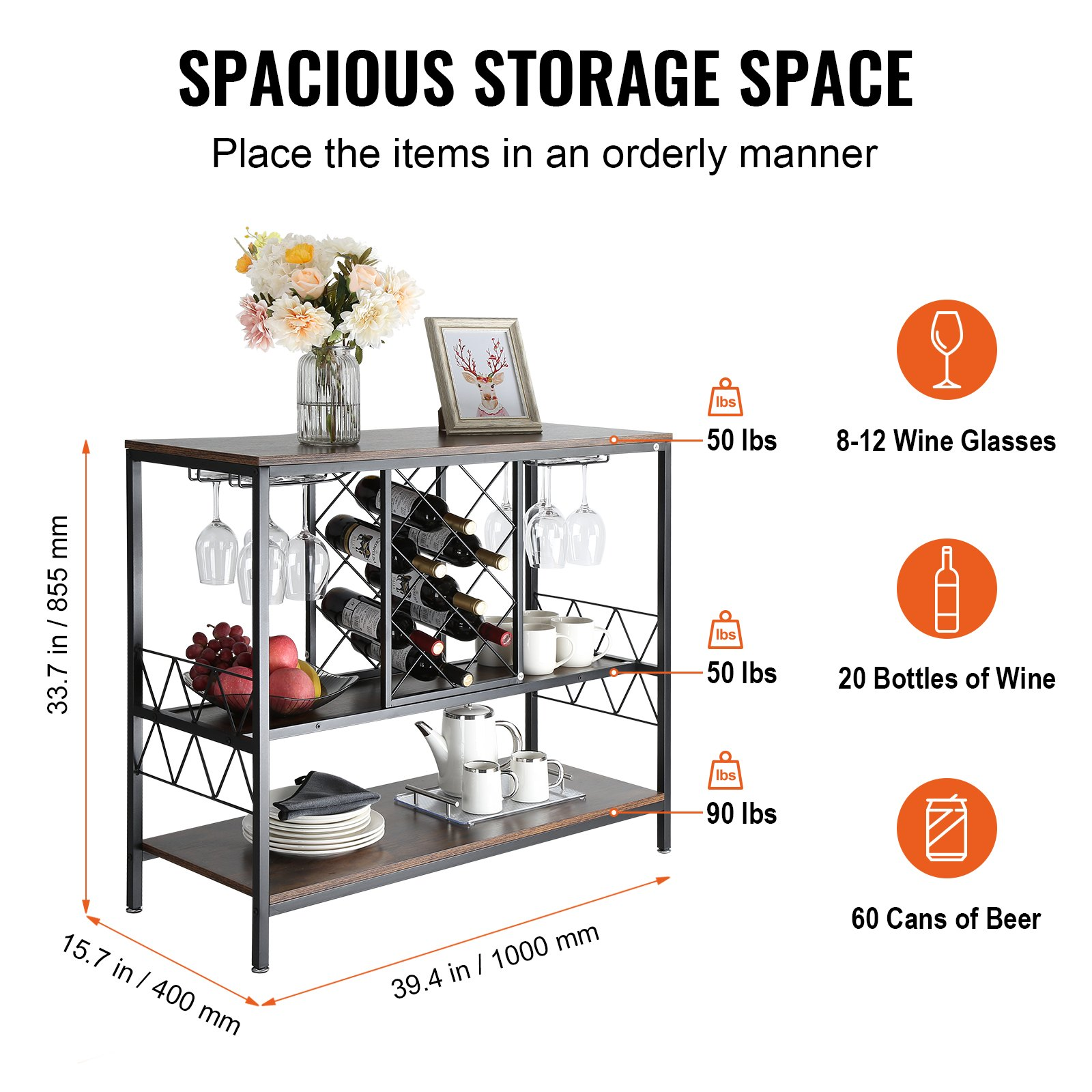 VEVOR Industrial Bar Cabinet Wine Bar Home Table with Wine Rack & Glass Holder