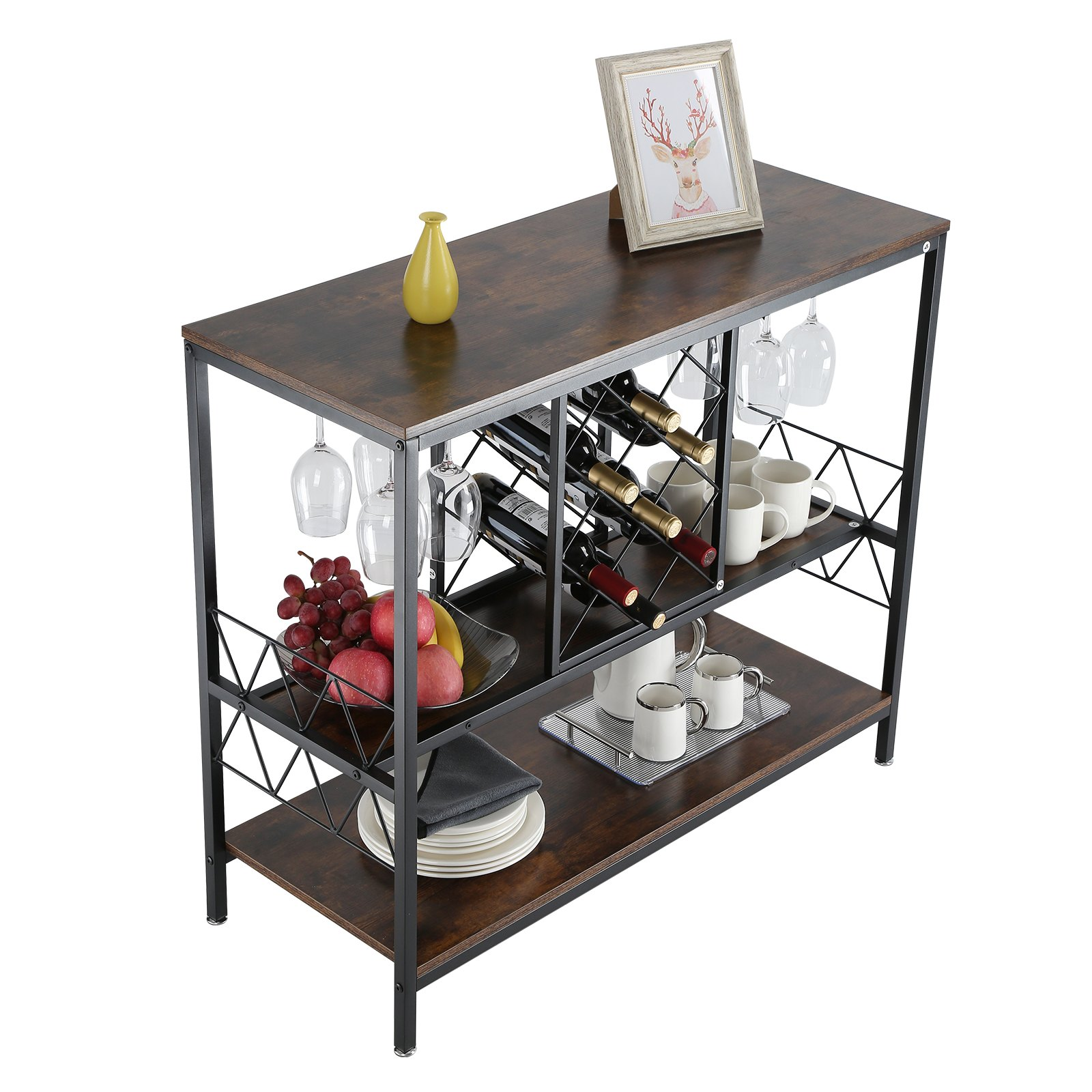 VEVOR Industrial Bar Cabinet Wine Bar Home Table with Wine Rack & Glass Holder