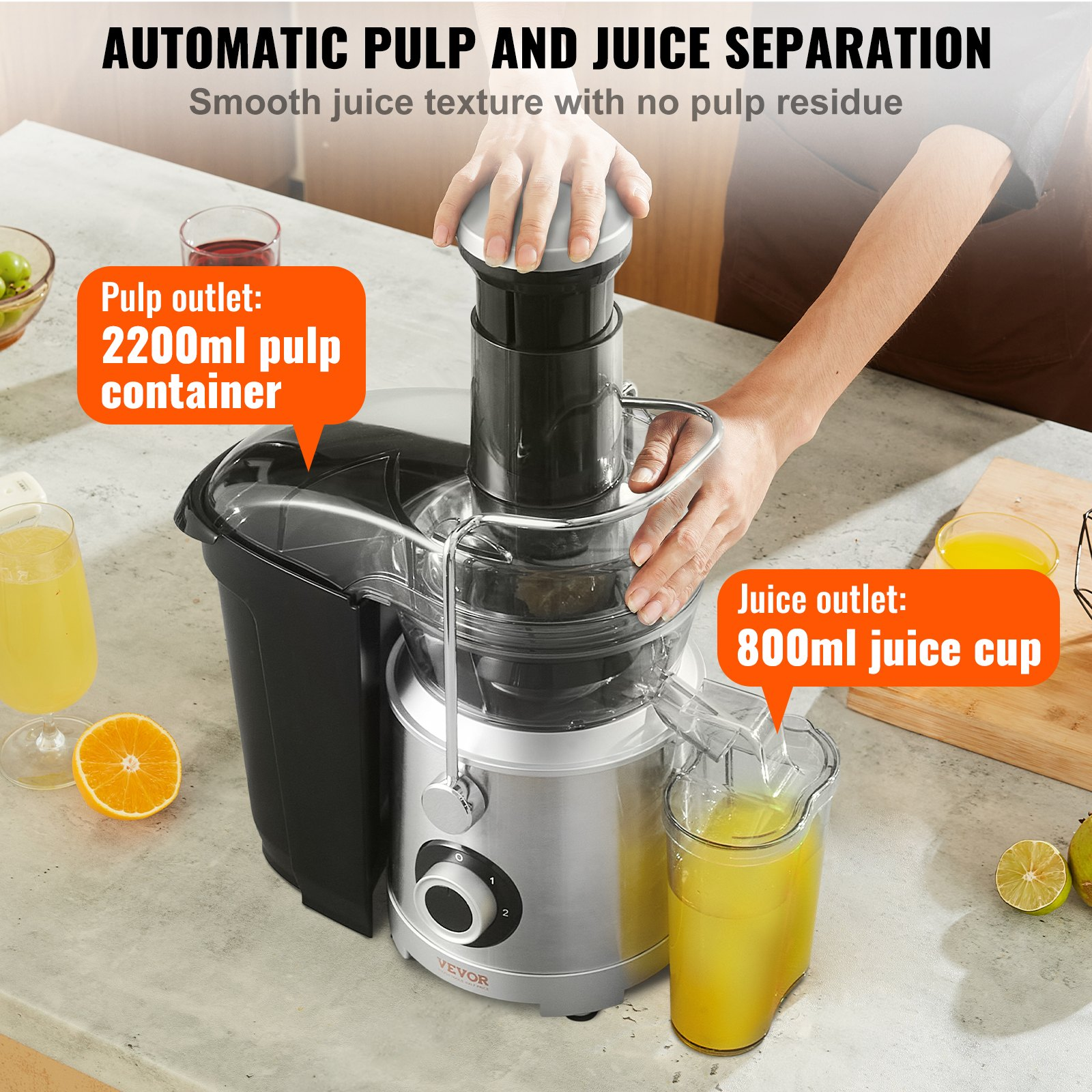 VEVOR Juicer Machine, 1000W Motor Centrifugal Juice Extractor, Easy Clean Centrifugal Juicers, Big Mouth Large 3" Feed Chute for Fruits and Vegetables, 2 Speeds Juice Maker, Stainless Steel, BPA Free