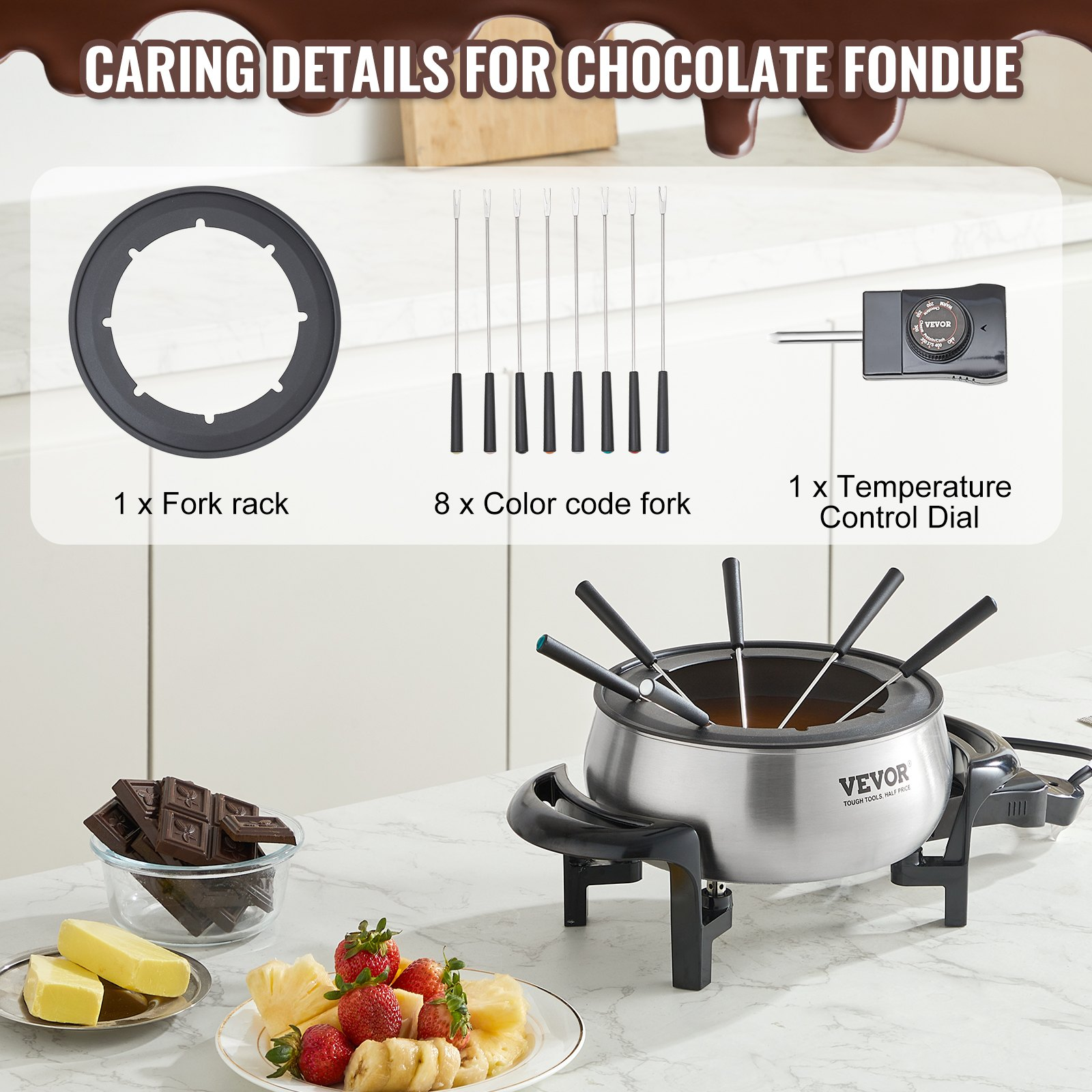 VEVOR Electric Fondue Pot Set for Cheese & Chocolate, 3 Quart Chocolate Melting Warmer, Stainless Steel Fondue Maker with Temperature Control and 8 Forks, for Hors d'Oeuvres, Entrees, and Desserts