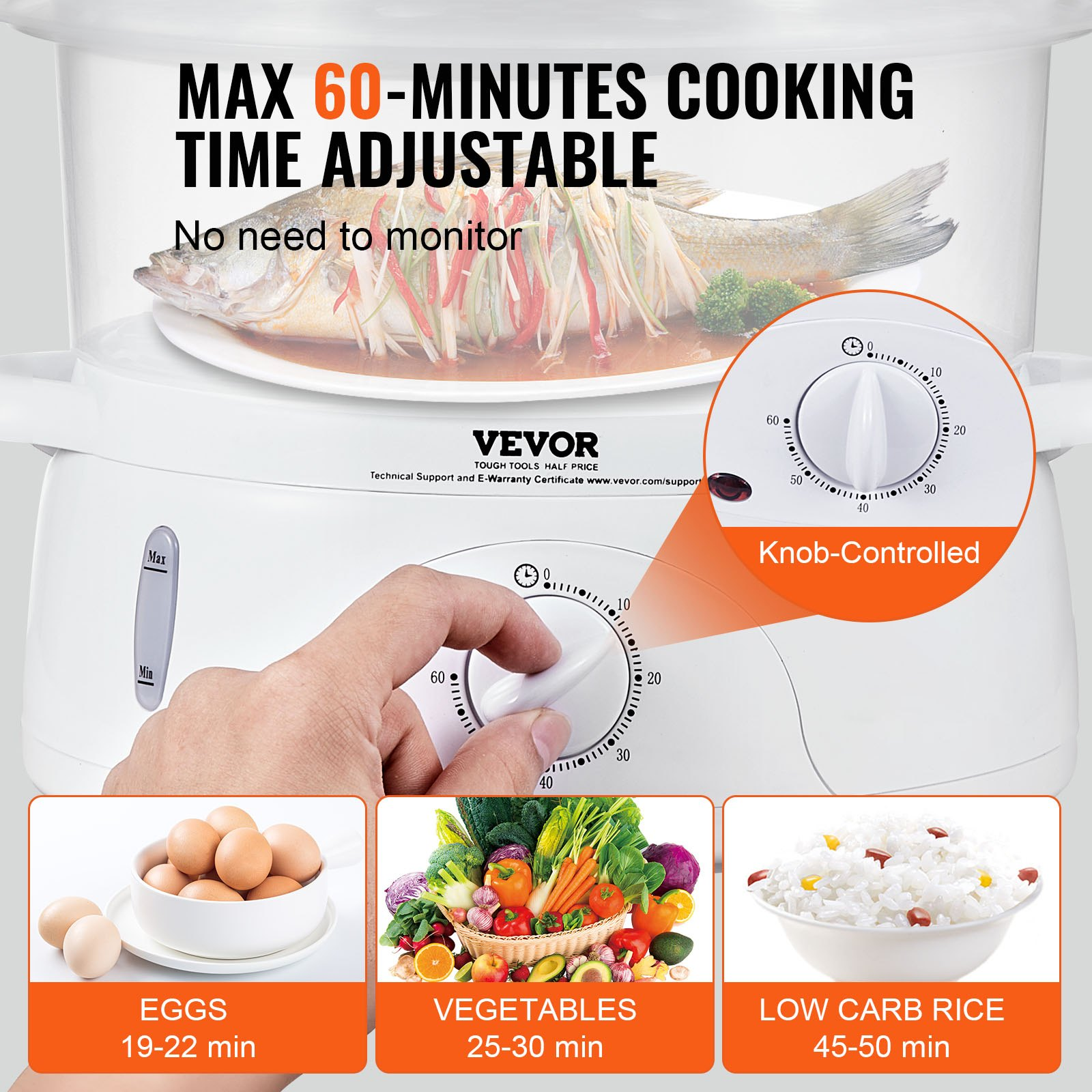 VEVOR Electric Food Steamer, 7.4Qt/7L Electric Vegetable Steamer with 2-Tier Stackable Trays, 800W Food-Grade Food Steamer for Cooking with 60-Min Timer, Auto Shut-Off and Boil Dry Protection