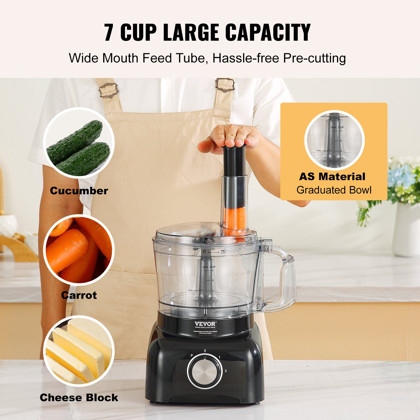 VEVOR Food Processor, 7-Cup Vegetable Chopper for Chopping, Mixing, Slicing, and Kneading Dough, 350 Watts Stainless Steel Blade Professional Electric Food Chopper, Easy Assembly & Clean, Black