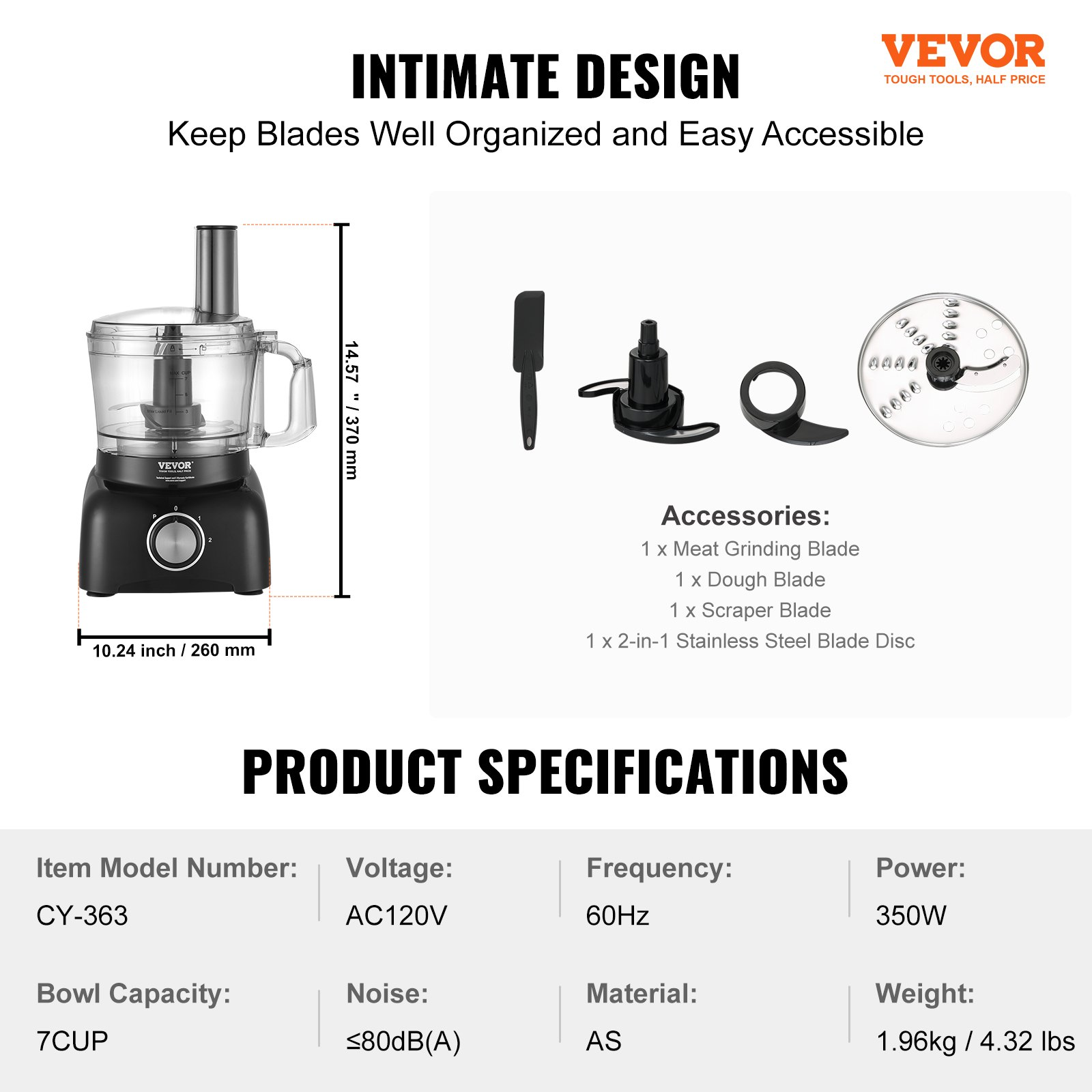 VEVOR Food Processor, 7-Cup Vegetable Chopper for Chopping, Mixing, Slicing, and Kneading Dough, 350 Watts Stainless Steel Blade Professional Electric Food Chopper, Easy Assembly & Clean, Black