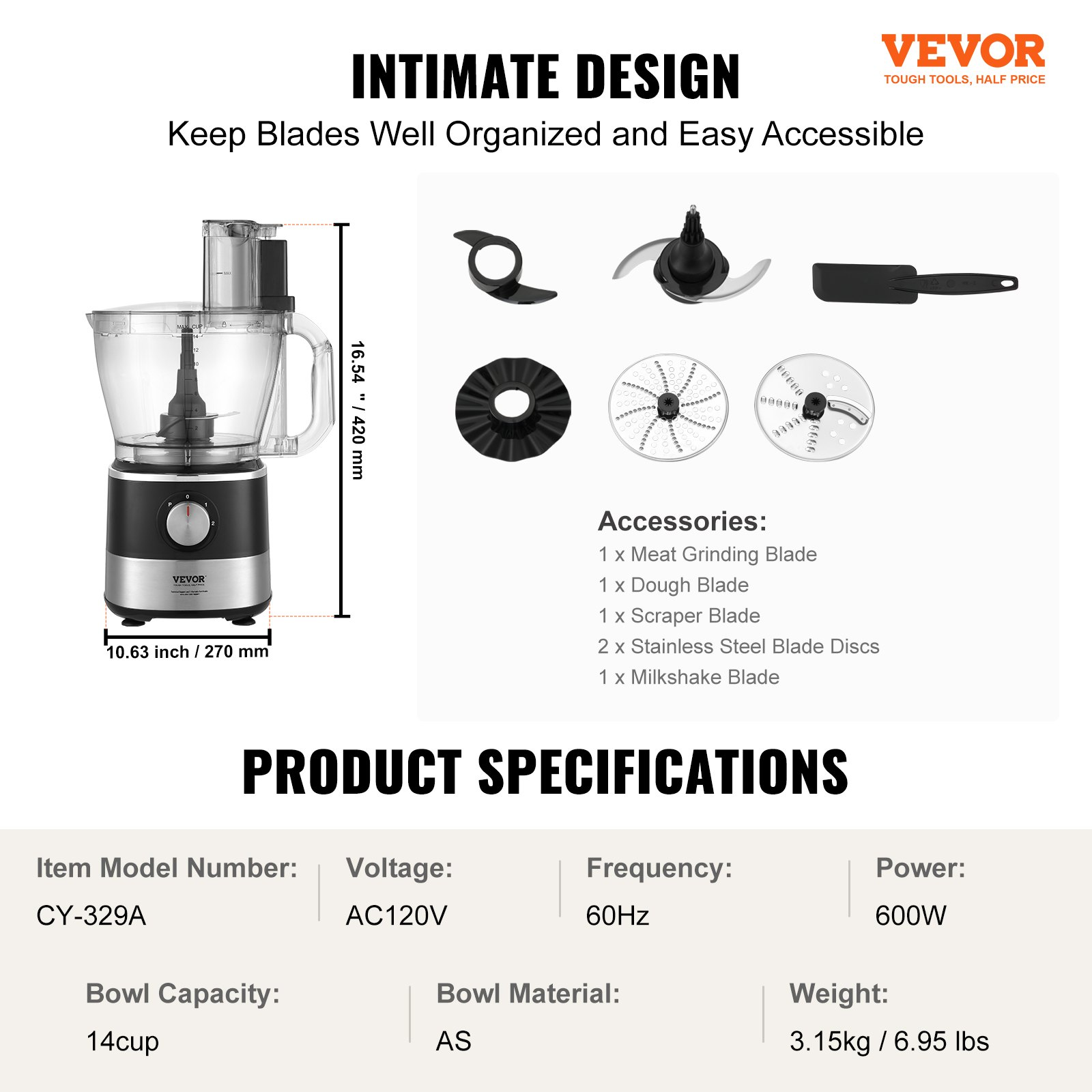 VEVOR Food Processor, 14-Cup Vegetable Chopper for Chopping, Mixing, Slicing, and Kneading Dough, 600 Watts Stainless Steel Blade Professional Electric Food Chopper, Easy Assembly & Clean, Black