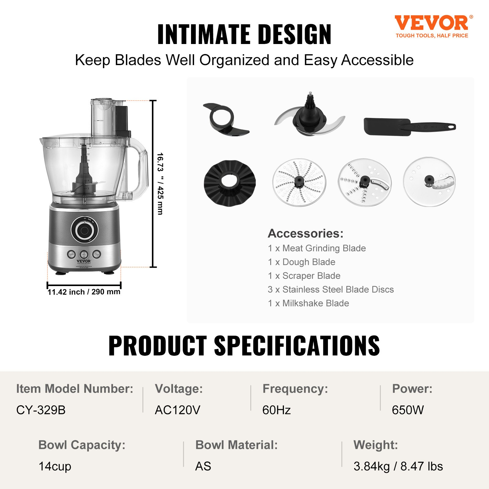 VEVOR Food Processor, 14-Cup Vegetable Chopper for Chopping, Mixing, Slicing, Puree, and Kneading Dough, 650 Watt Stainless Steel Blade Professional Electric Food Chopper, Easy Assembly & Clean, Gray