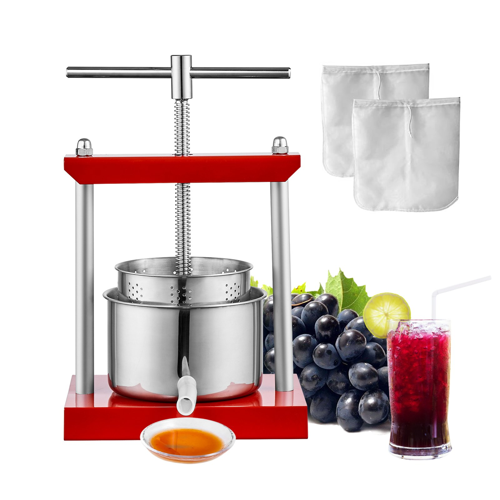 VEVOR Fruit Wine Press, 0.8 Gallon/3L, 2 Stainless Steel Barrels, Manual Juice Maker, Cider Apple Grape Tincture Vegetables Honey Olive Oil Making Press with T-Handle for Outdoor, Kitchen, and Home