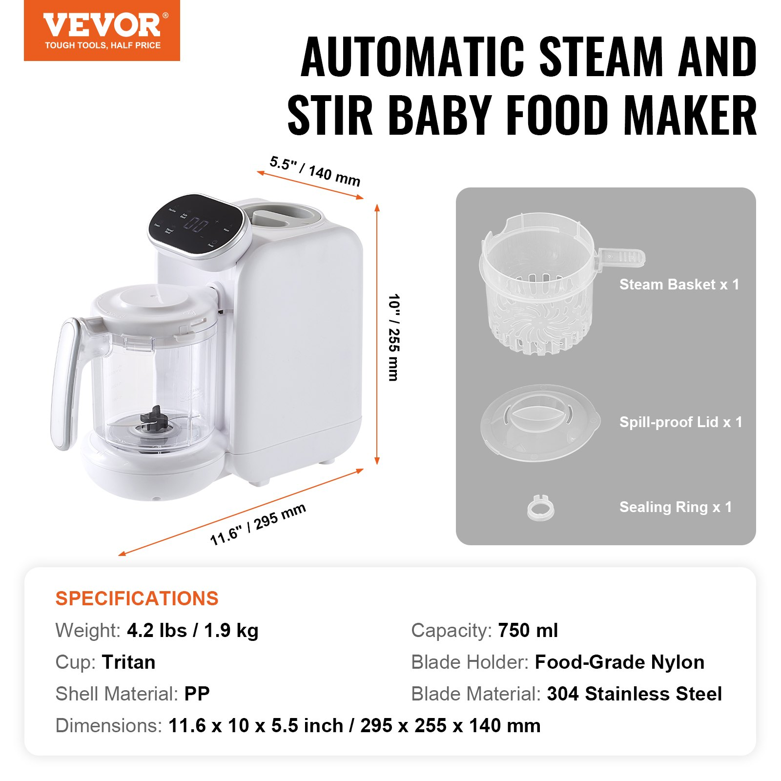 VEVOR Baby Food Maker, 430W Baby Food Processor with 750 ml Tritan Bowl, SUS304 Stainless Steel, 5 in 1 Baby Food Puree Blender Steamer Grinder for Food, Fruit, Vegetable, Meat