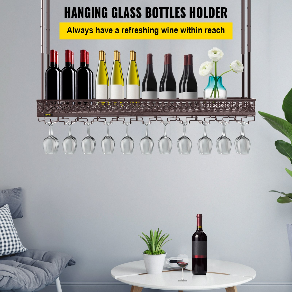 VEVOR Ceiling Wine Glass Rack, 46.9 x 13 inch Hanging Wine Glass Rack, 18.9-35.8 inch Height Adjustable Hanging Wine Rack Cabinet, Coppery Wall-Mounted Wine Glass Rack Perfect for Bar Cafe Kitchen