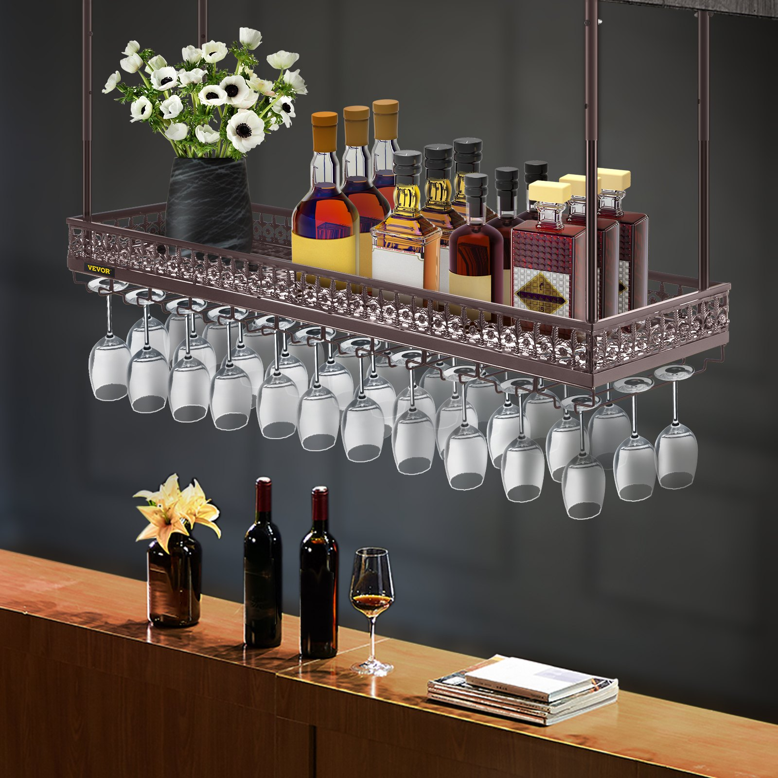 VEVOR Ceiling Wine Glass Rack, 46.9 x 13 inch Hanging Wine Glass Rack, 18.9-35.8 inch Height Adjustable Hanging Wine Rack Cabinet, Coppery Wall-Mounted Wine Glass Rack Perfect for Bar Cafe Kitchen