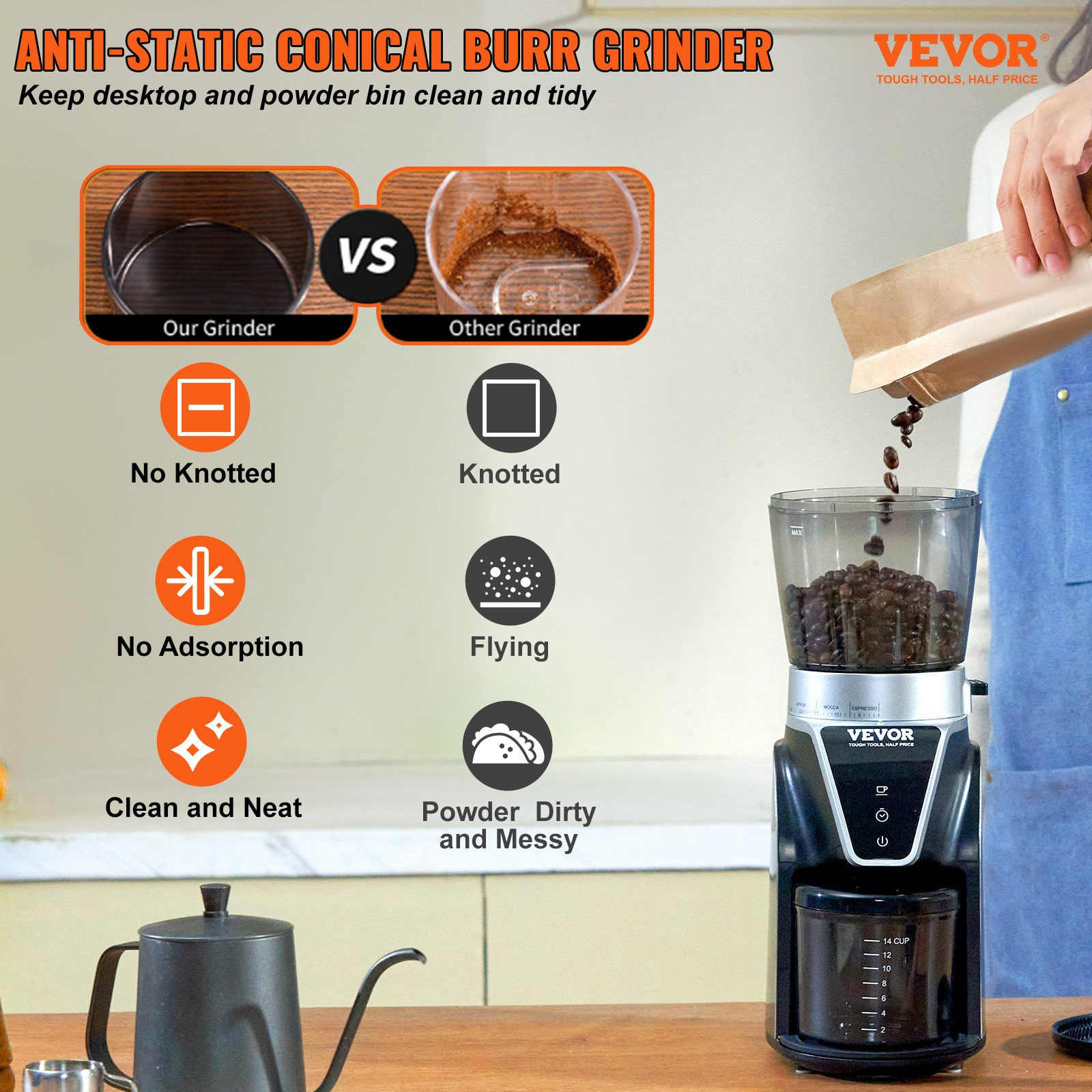 VEVOR 165-Watt Conical Burr Grinder, Electric Adjustable Burr Mill with 51 Precise Grind Setting, 9.7-Ounce 13 Cups Coffee Bean Grinder, Perfect for Drip, Mocha, Hand Brew, French Press, Espresso, Silver