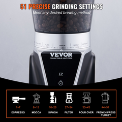 VEVOR 165-Watt Conical Burr Grinder, Electric Adjustable Burr Mill with 51 Precise Grind Setting, 9.7-Ounce 13 Cups Coffee Bean Grinder, Perfect for Drip, Mocha, Hand Brew, French Press, Espresso, Silver